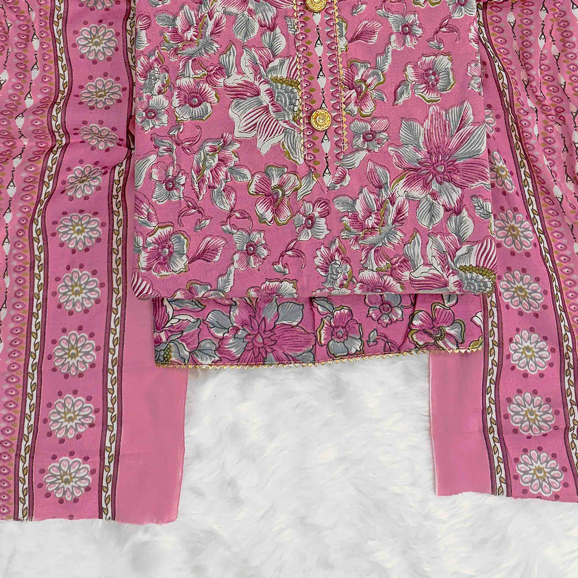 Elegant Pink Floral Printed Cotton Blend Dress Material Adorned With Intricate Lace Border - Image 4
