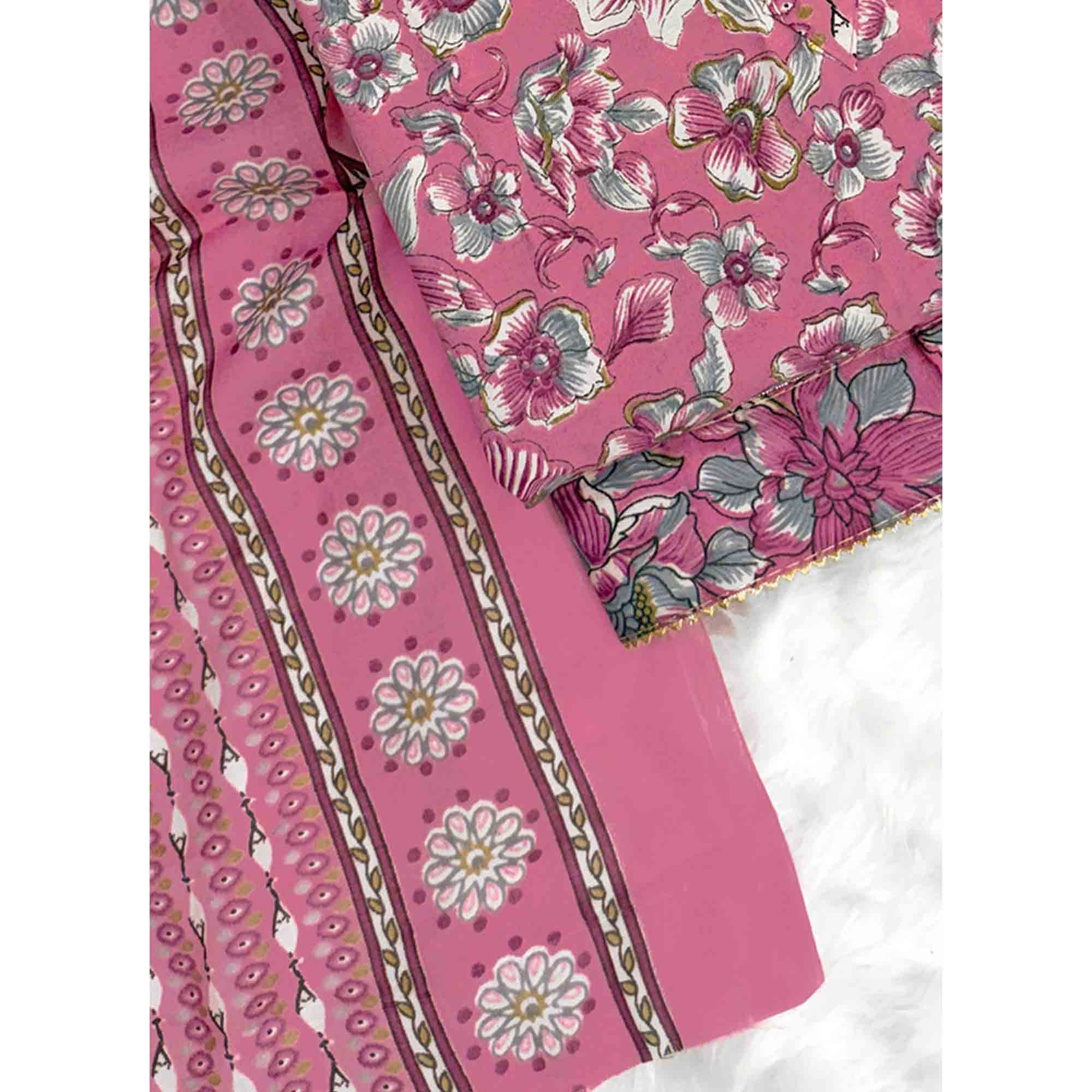 Elegant Pink Floral Printed Cotton Blend Dress Material Adorned With Intricate Lace Border - Image 5