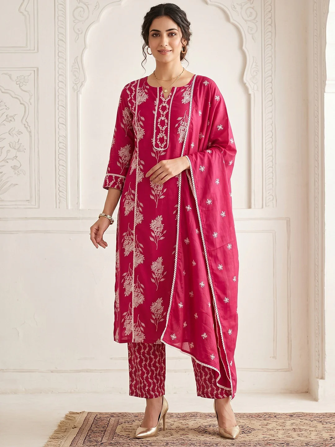 Elegant Pink Floral Printed Pure Cotton Straight Kurta Set with Dupatta