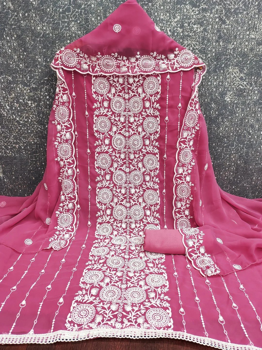 Elegant Pink Georgette Embroidered Unstitched Suit Material - Image 2