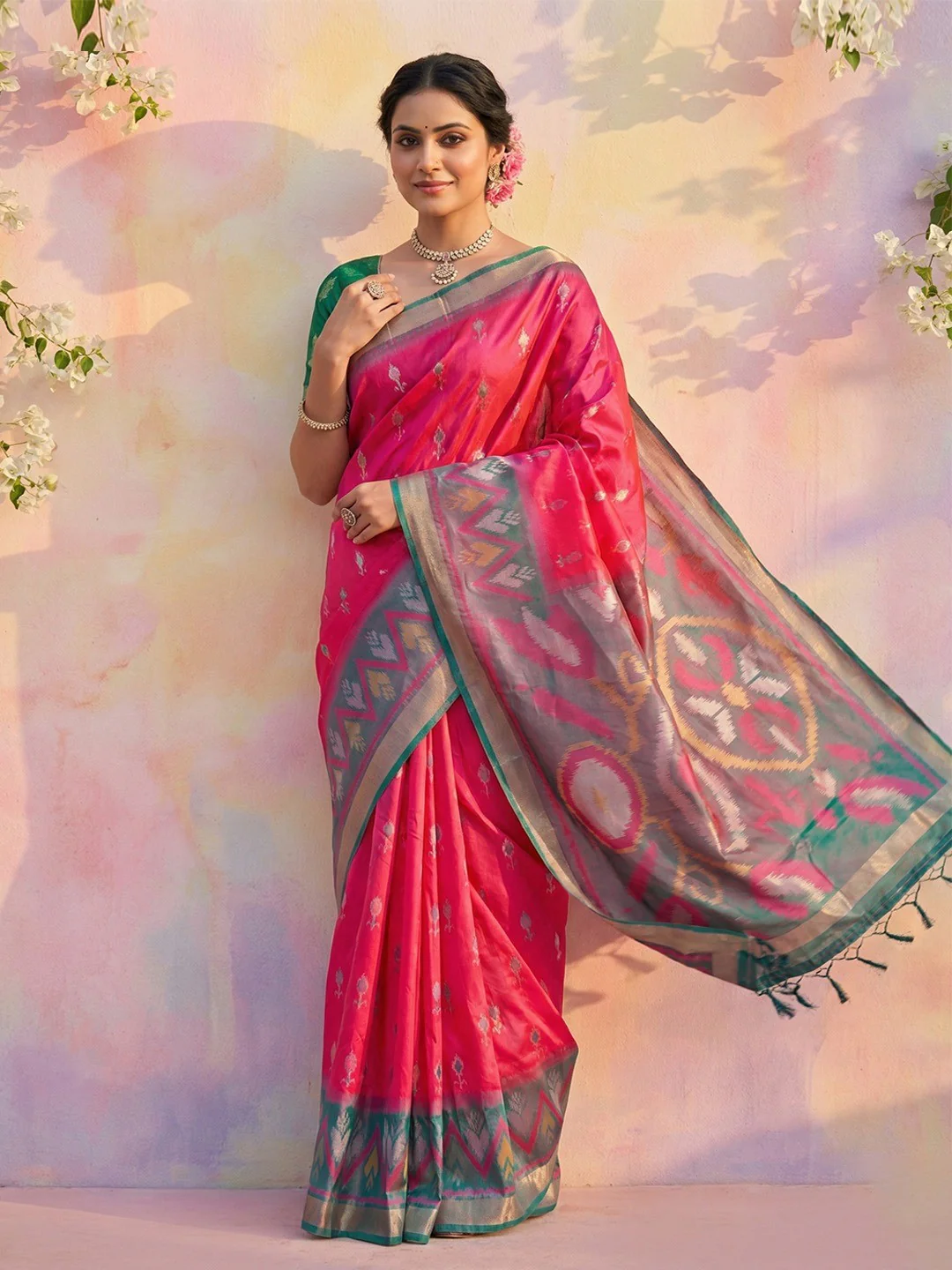 Elegant Pink Ikat Woven Silk Blend Saree Featuring A Traditional Motif Pallu With Tassel Accents