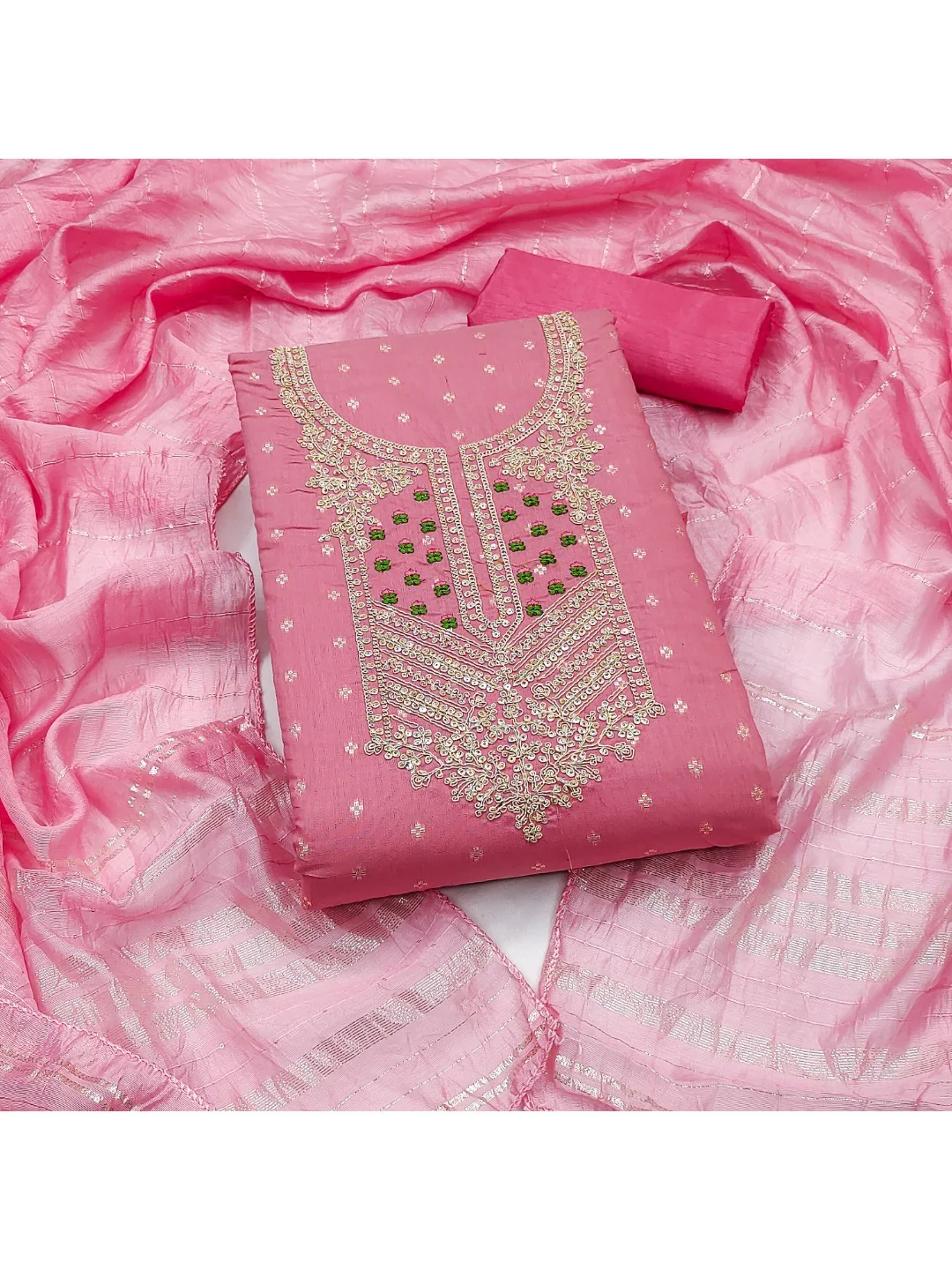 Elegant Pink Jacquard Dress Material with Embroidered Neckline - Image 4