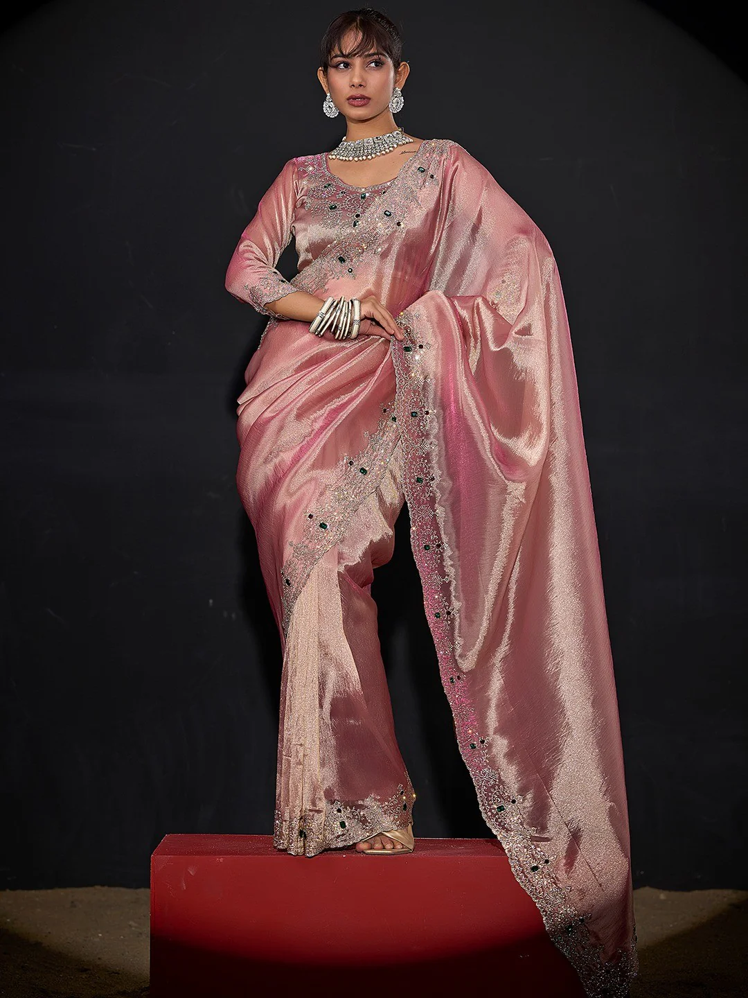 Elegant Pink Kanjivaram Silk Saree With Heavy Stone Work & Pure Kundan Border Detailing