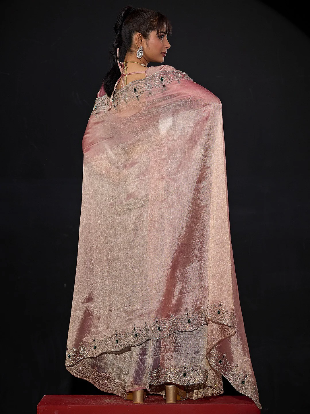 Elegant Pink Kanjivaram Silk Saree With Heavy Stone Work & Pure Kundan Border Detailing - Image 2