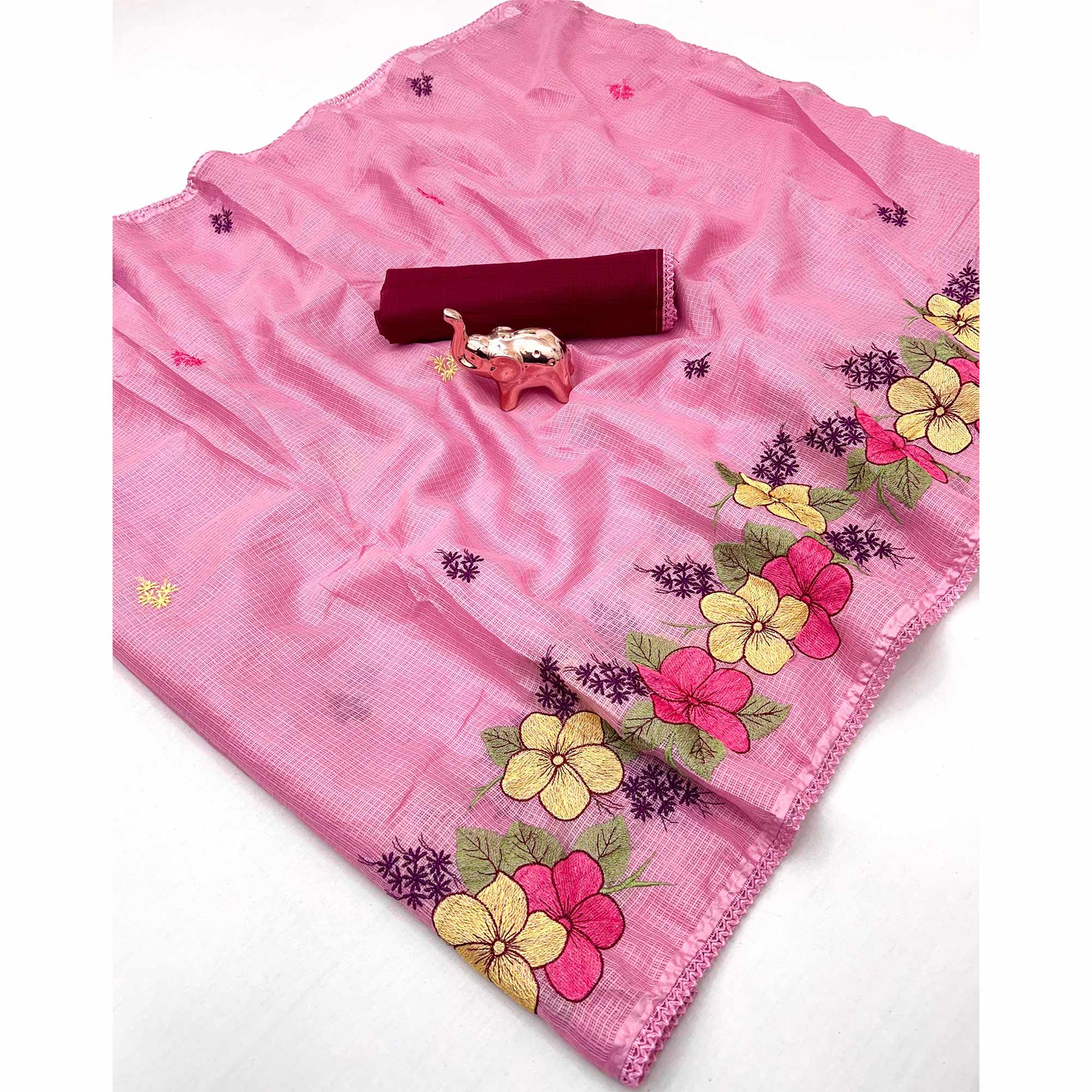 Elegant Pink Kota Doria Saree with Detailed Floral Thread Work & Premium Crochet Lace Border - Image 3
