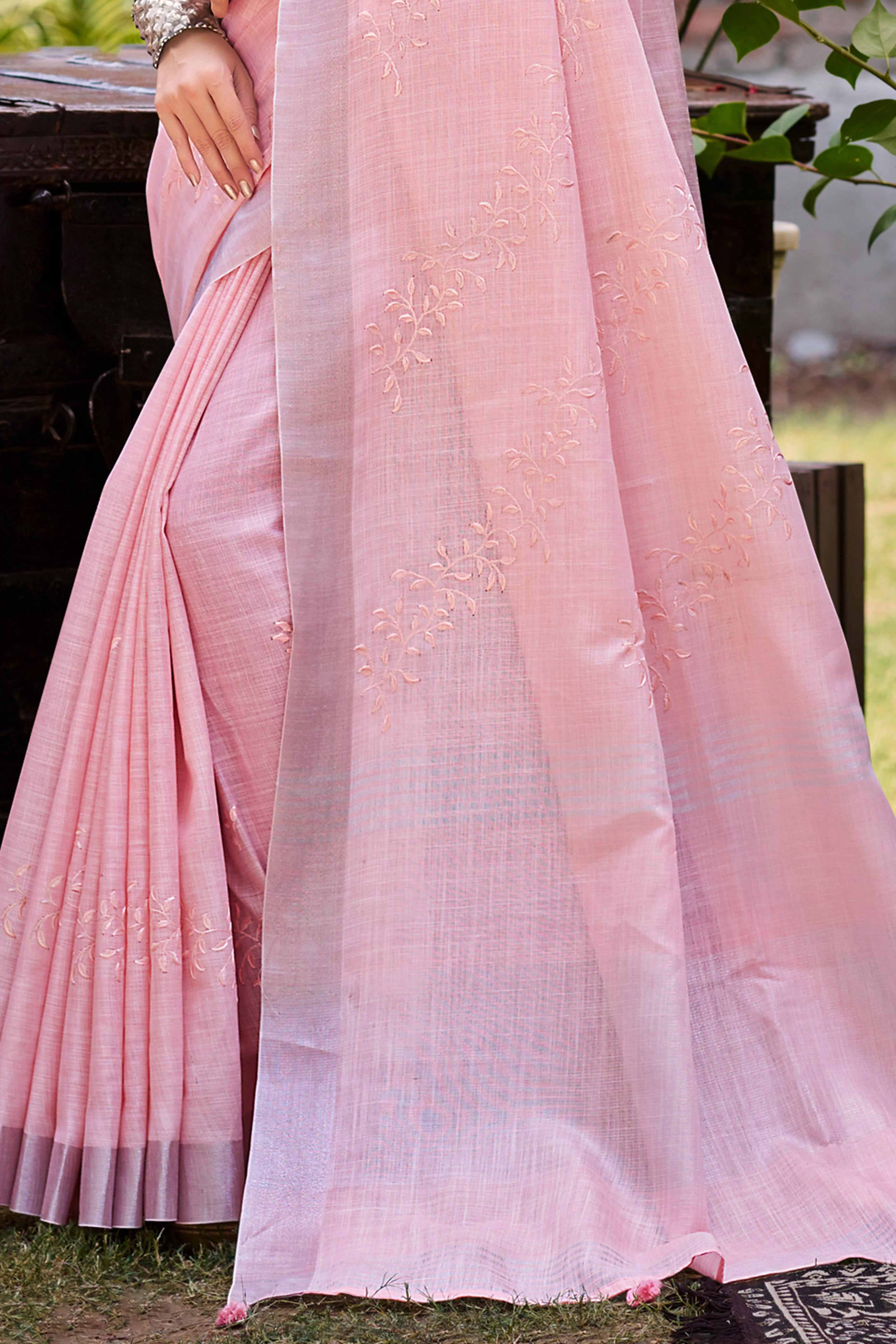 Elegant Pink Linen Saree Featuring Intricate Woven & Embroidered Patterns - Image 4