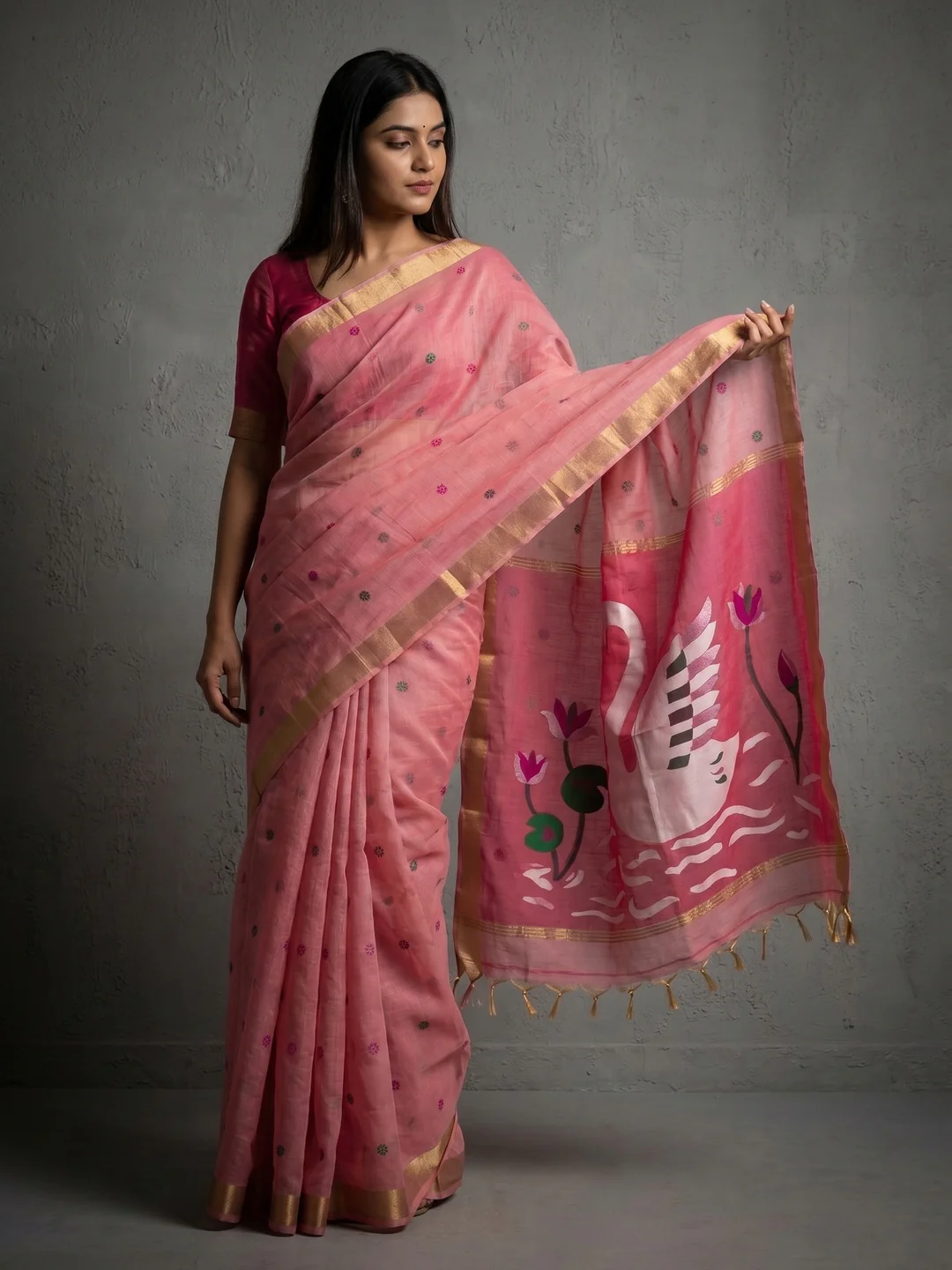 Elegant Pink Linen Saree with Floral Prints and Swan Motif Pallu