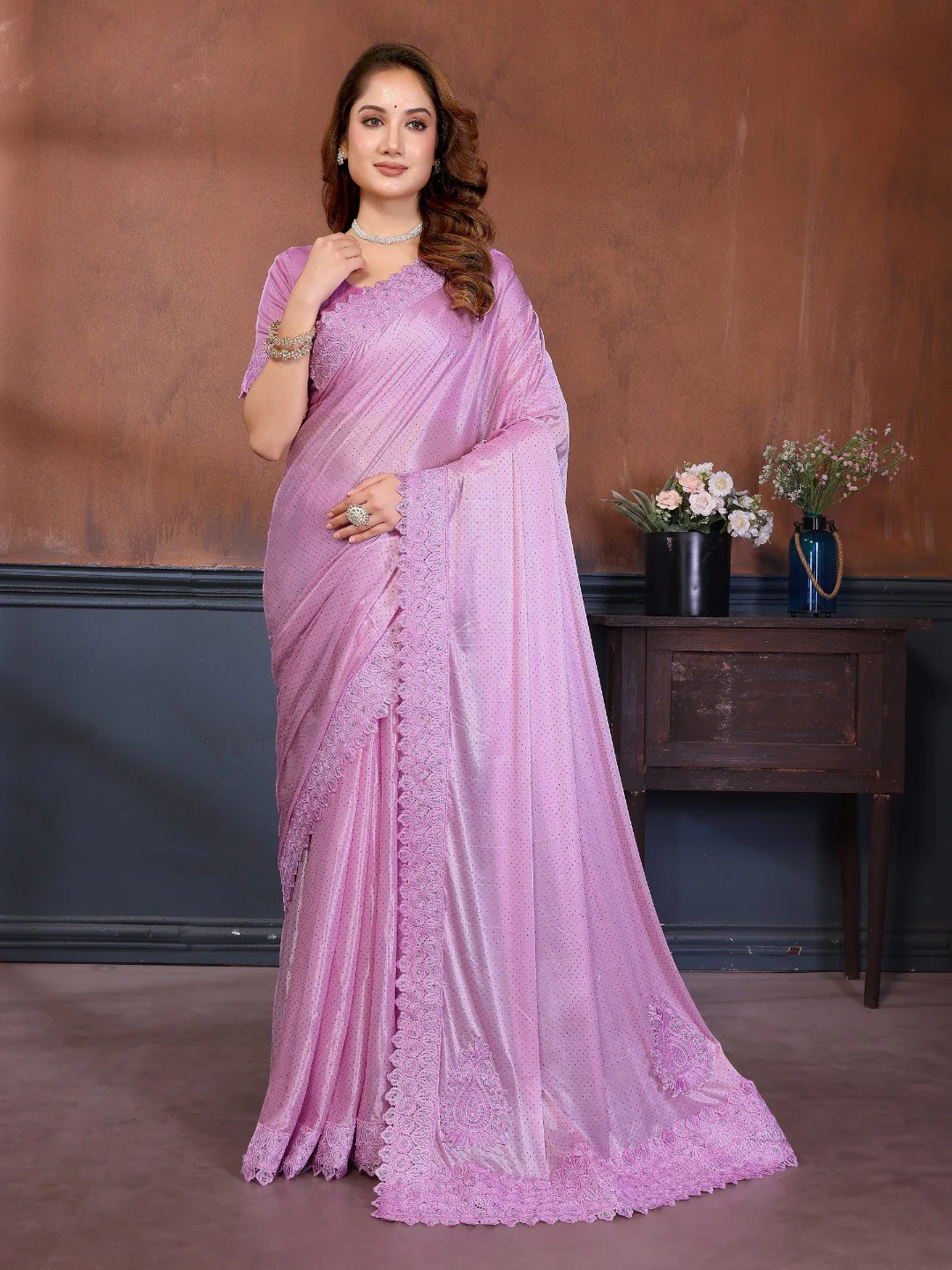 Elegant Pink Lycra Saree with Stone Embellishments & Patch Work