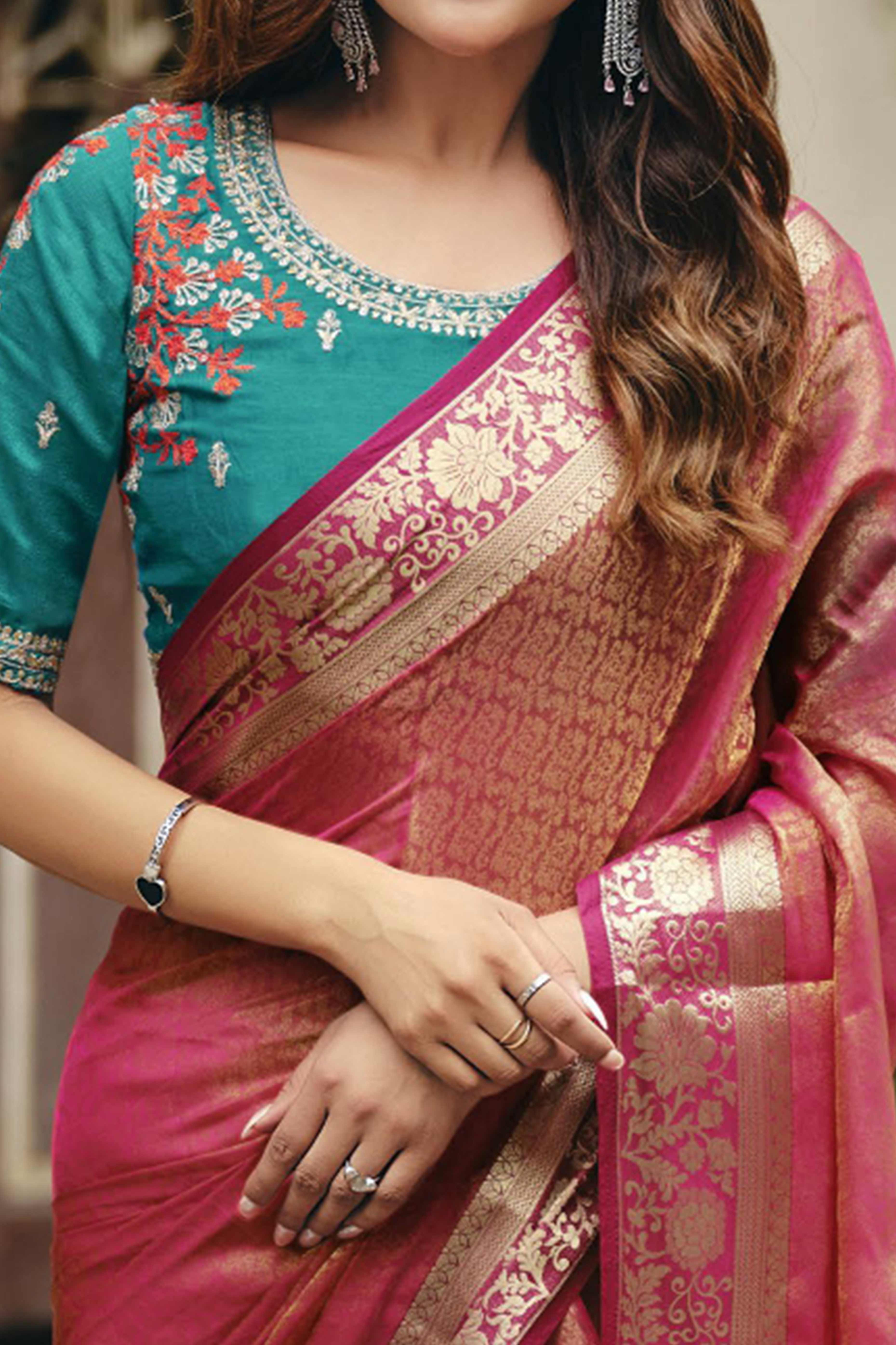 Elegant Pink Partywear Nylon Silk Saree with Stone & Weaving Details - Image 2