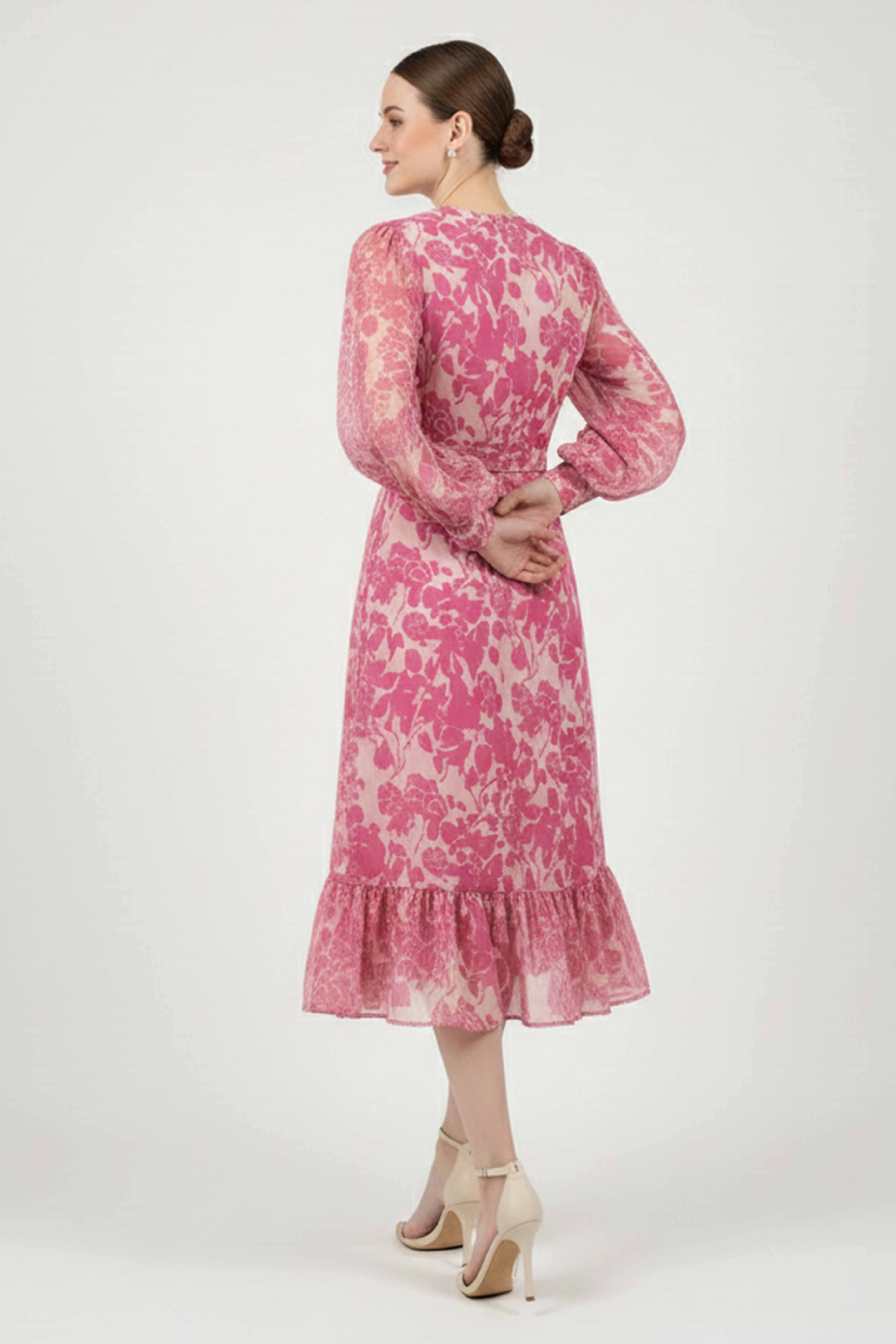 Elegant Pink Pure Cotton A-Line Dress With Delicate Floral Print & Chic V-Neck Style - Image 3
