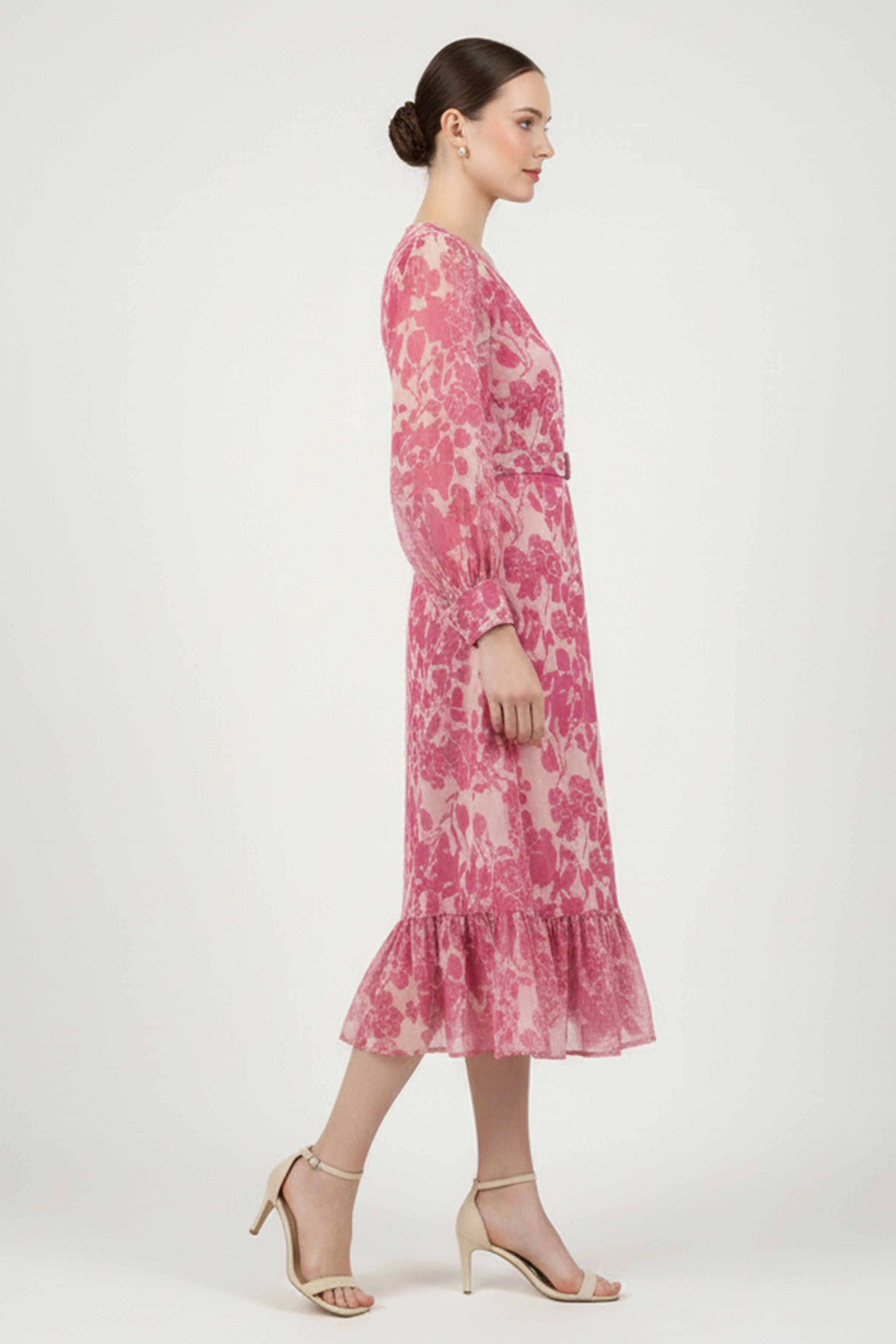 Elegant Pink Pure Cotton A-Line Dress With Delicate Floral Print & Chic V-Neck Style - Image 4