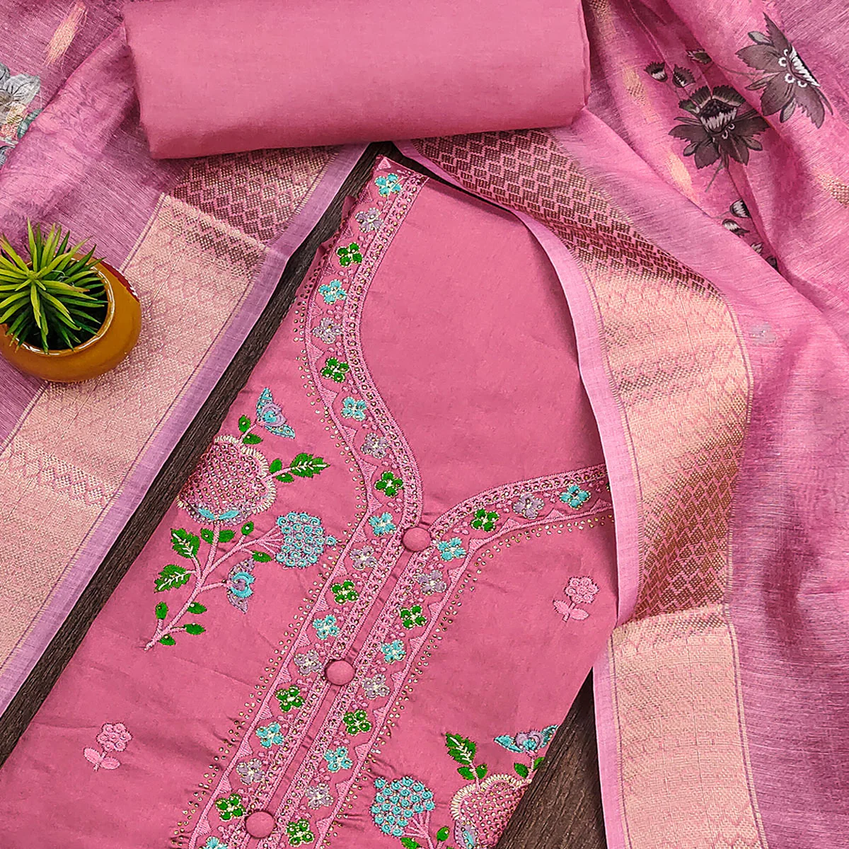 Elegant Pink Pure Cotton Dress Material Showcasing Fine Floral Embroidery & Swarovski Work - Image 2