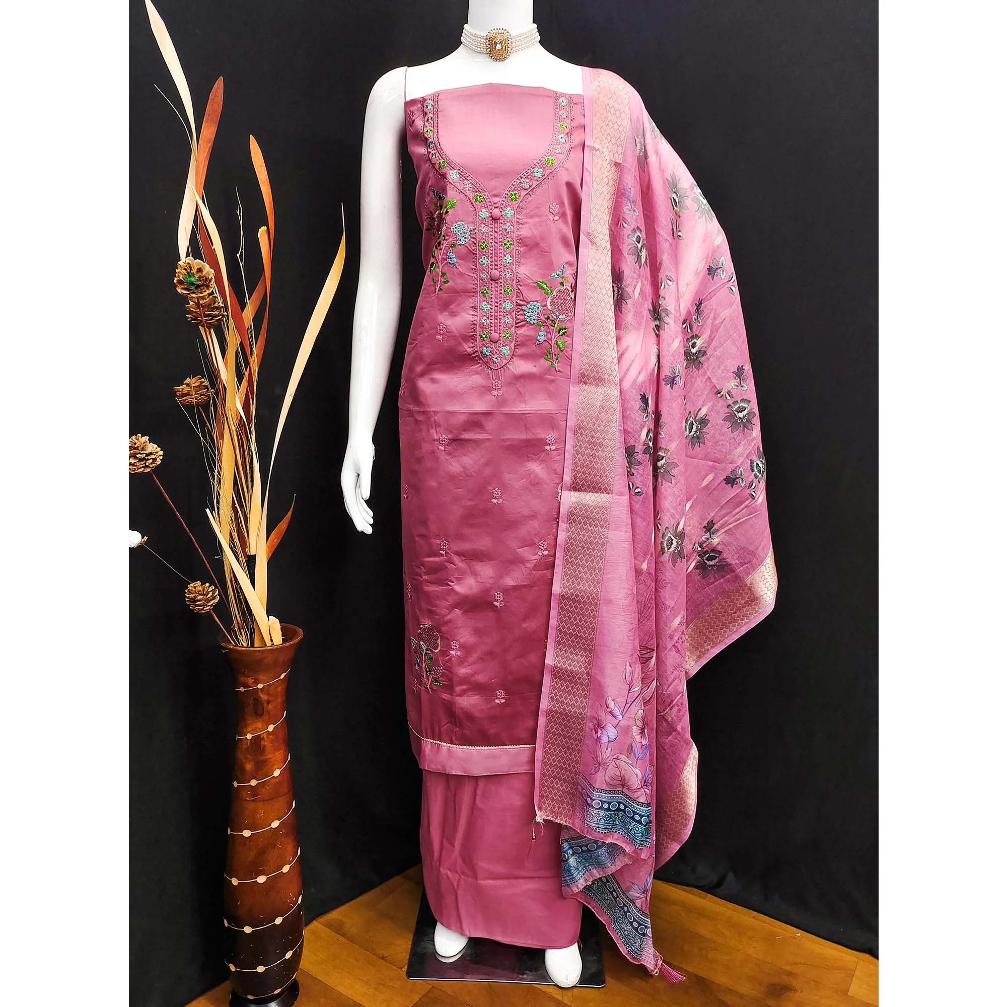 Elegant Pink Pure Cotton Dress Material Showcasing Fine Floral Embroidery & Swarovski Work - Image 5