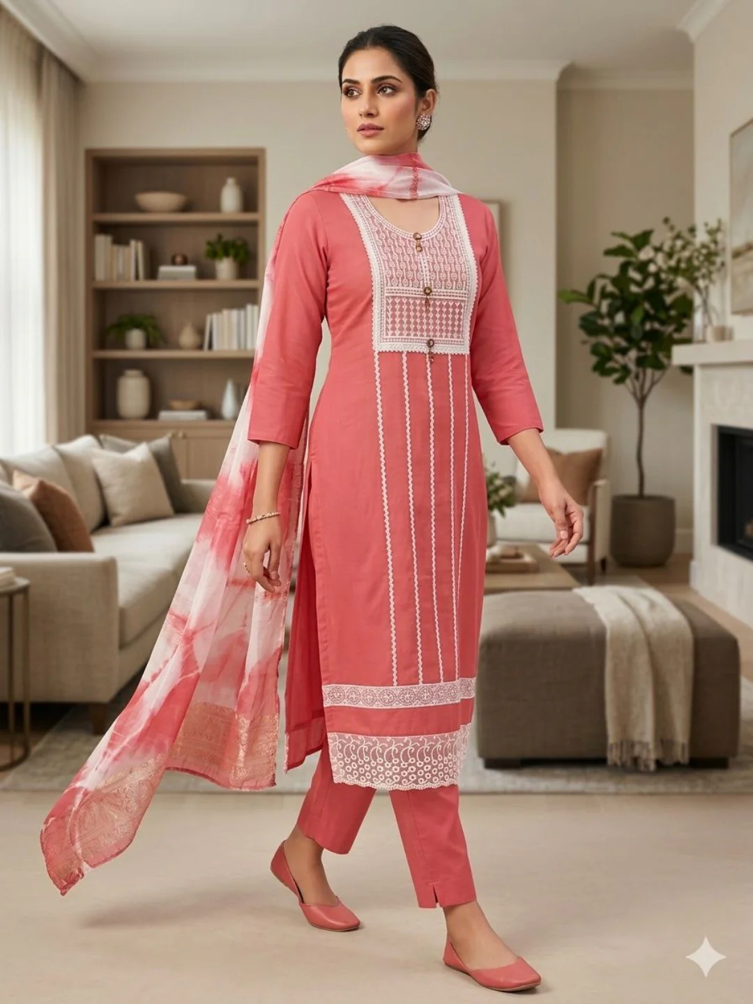 Elegant Pink Roman Cotton Blend Dress Material With Thread Embroidery & Sequins Work