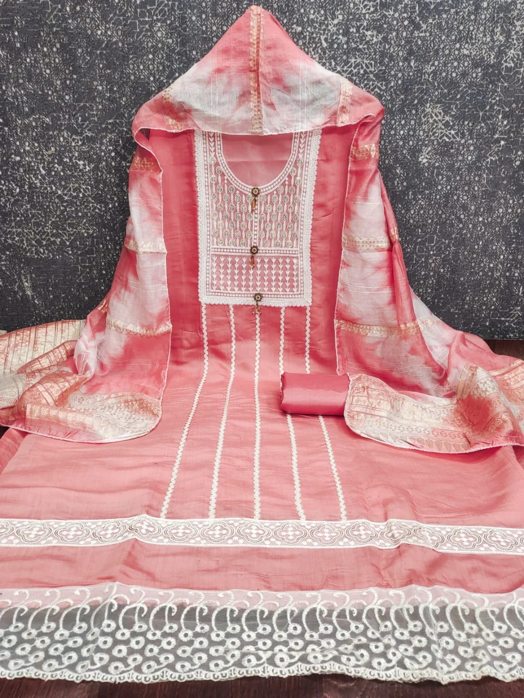 Elegant Pink Roman Cotton Blend Dress Material With Thread Embroidery & Sequins Work - Image 3
