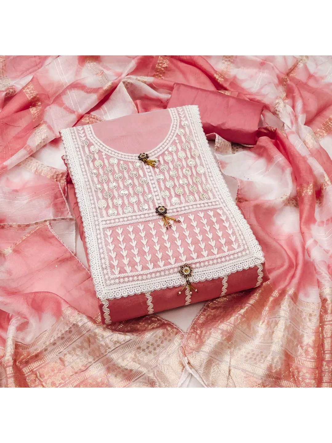 Elegant Pink Roman Cotton Blend Dress Material With Thread Embroidery & Sequins Work - Image 4
