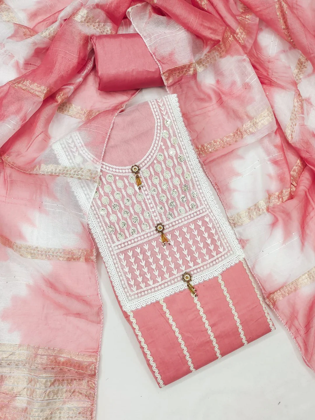 Elegant Pink Roman Cotton Blend Dress Material With Thread Embroidery & Sequins Work - Image 5