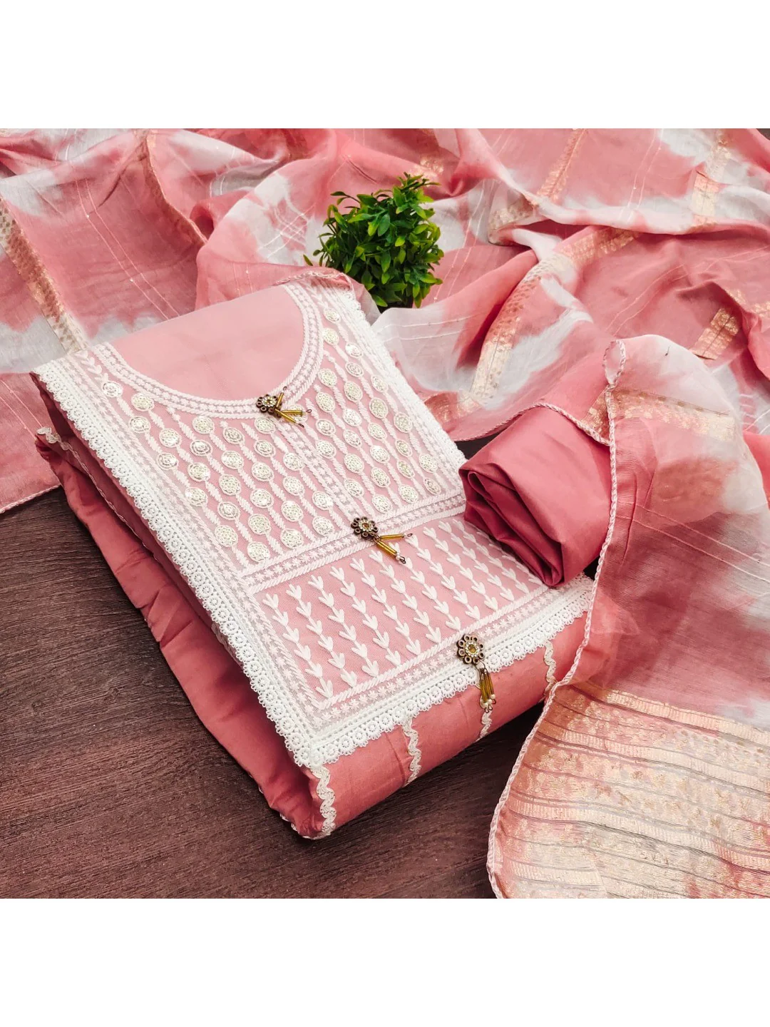 Elegant Pink Roman Cotton Blend Dress Material With Thread Embroidery & Sequins Work - Image 6