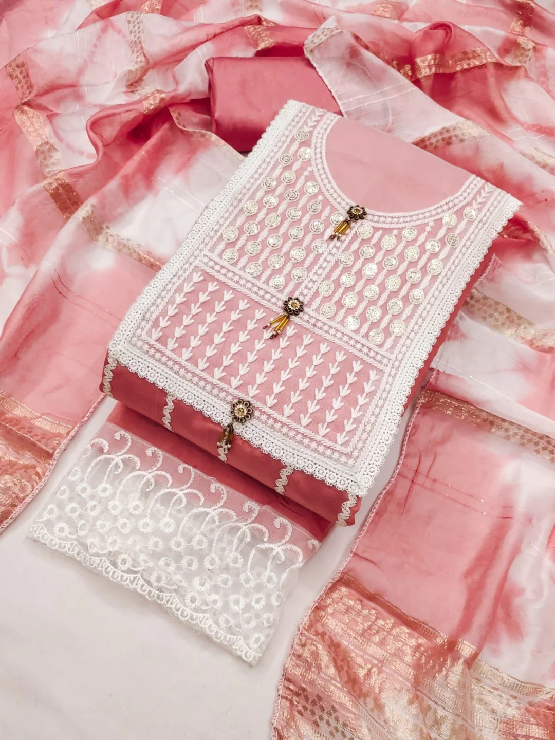 Elegant Pink Roman Cotton Blend Dress Material With Thread Embroidery & Sequins Work - Image 7