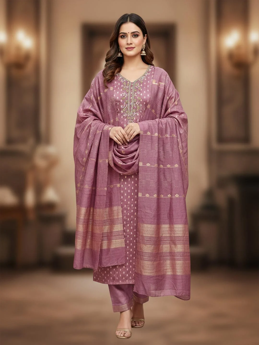 Elegant Pink Sequins Embroidered Chanderi Jacquard Dress Material With Beads & Moti Handwork