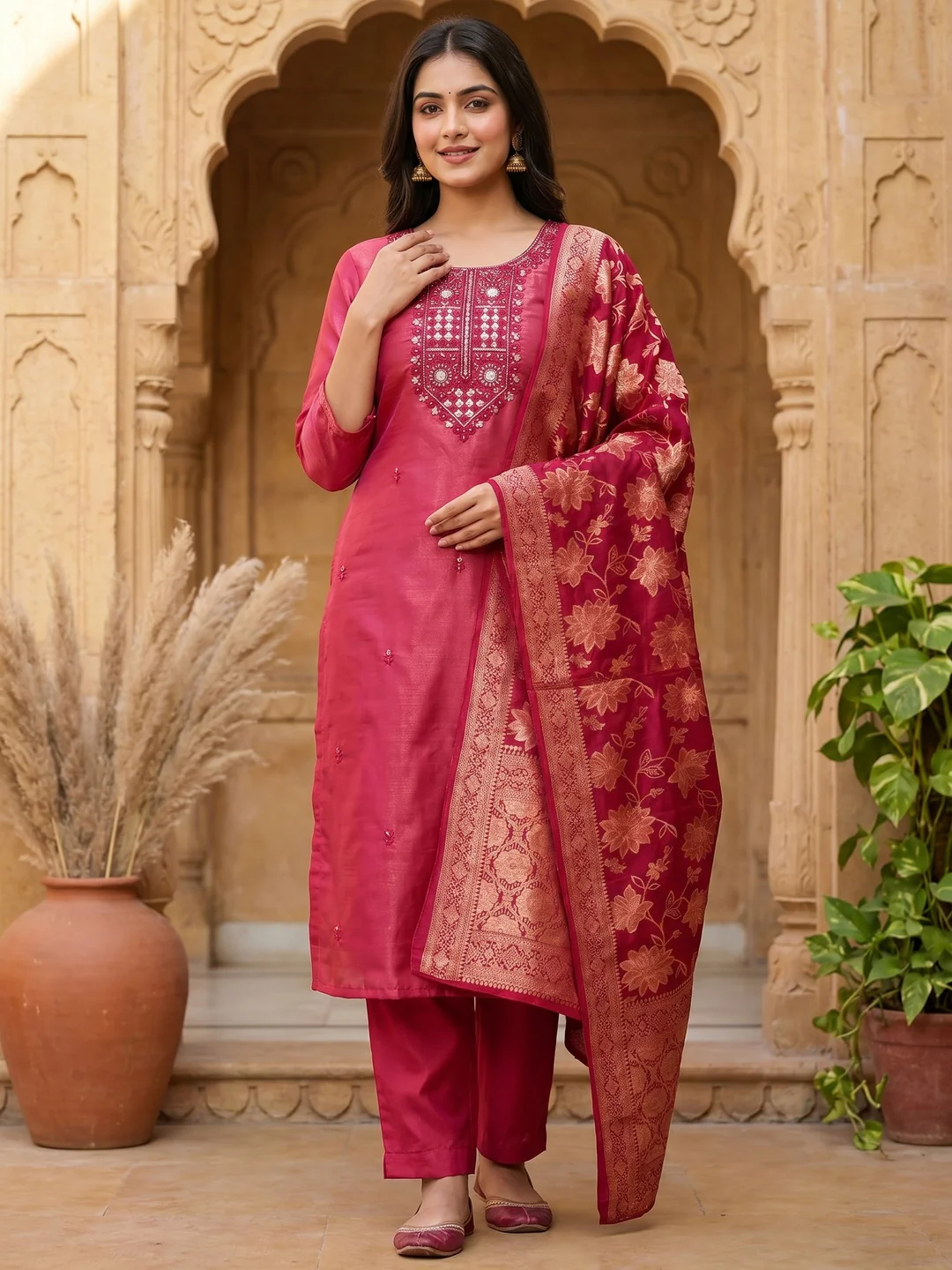 Elegant Pink Shimmer Dress Material with Embroidered Details