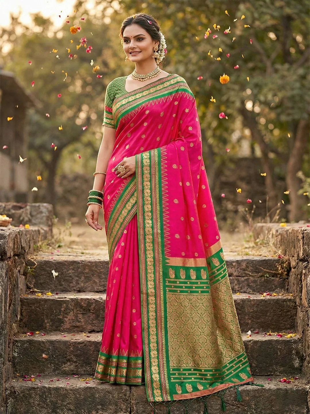 Elegant Pink Silk Blend Saree with Green and Gold Border