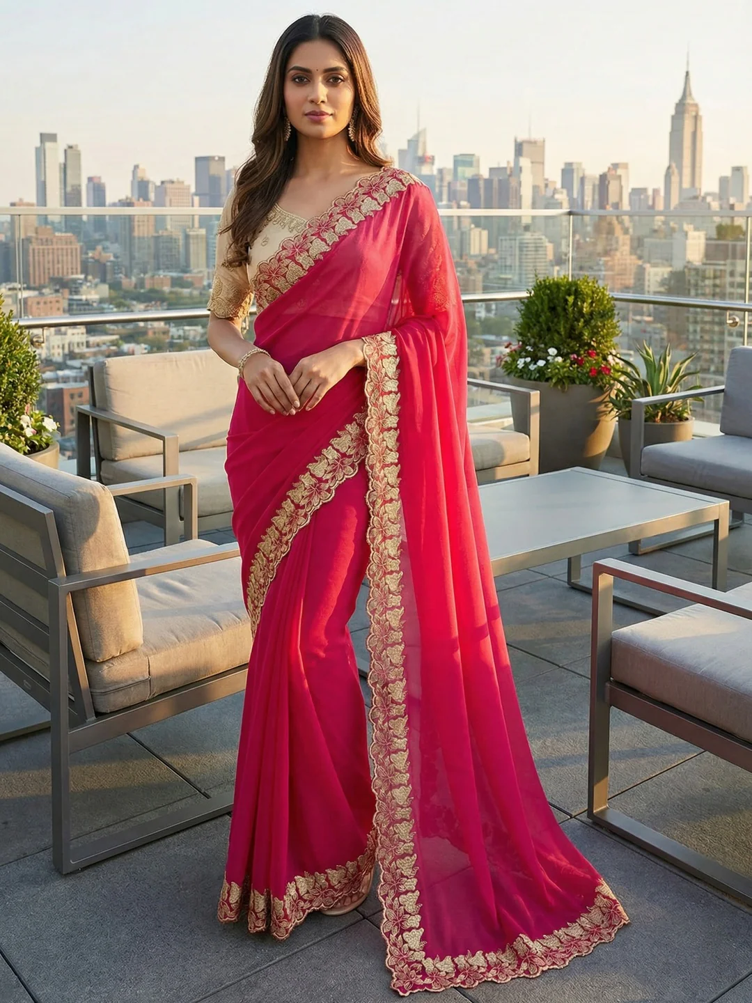Elegant Pink Solid Georgette Saree Highlighted With A Delicate Floral Embroidered Border