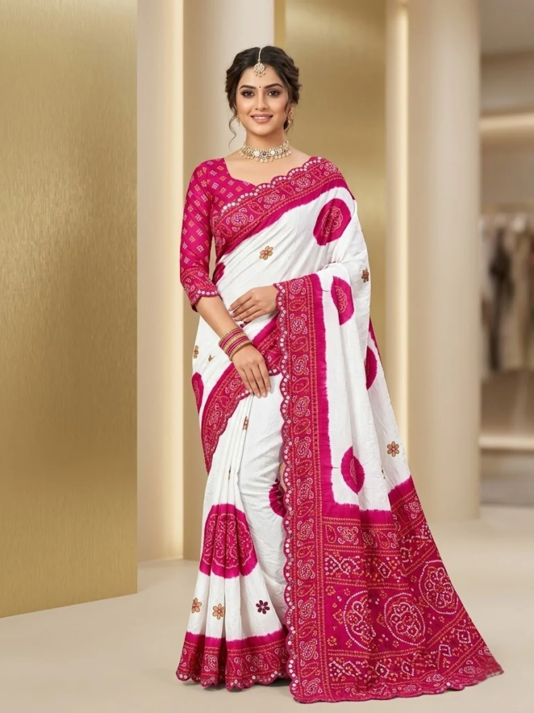 Elegant Pink & White Chiffon Silk Saree With Bandhani Print
