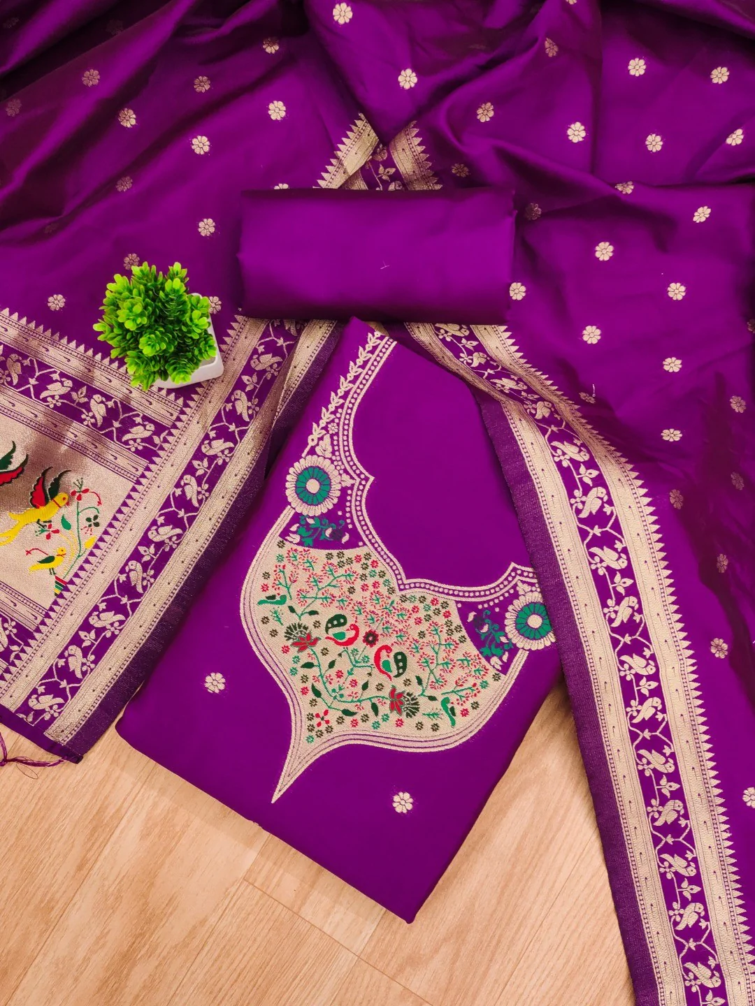 Elegant Purple Banarasi Silk Unstitched Dress Material with Dupatta - Image 4