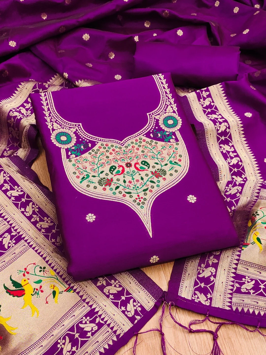 Elegant Purple Banarasi Silk Unstitched Dress Material with Dupatta - Image 5