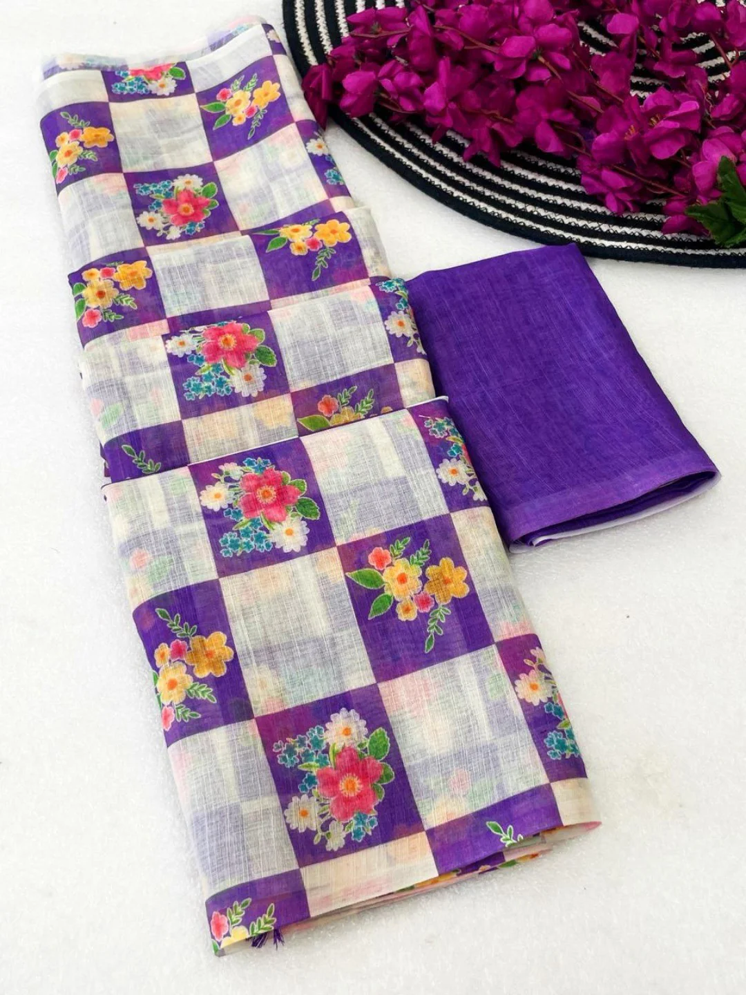 Elegant Purple Checked Linen Saree with Floral Print - Image 2