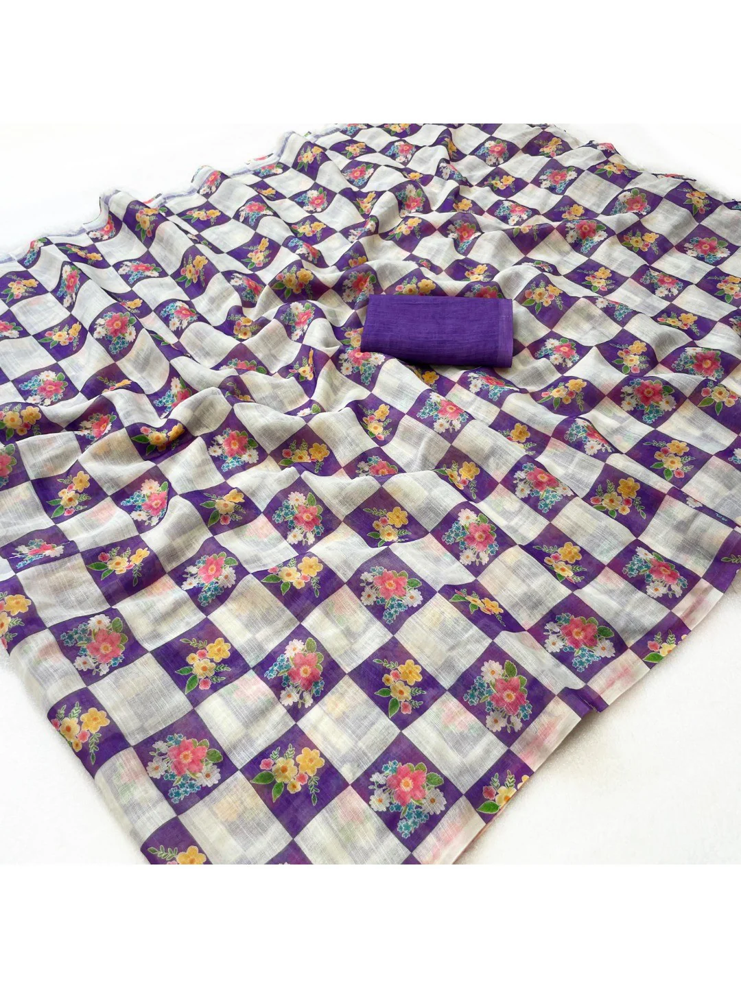Elegant Purple Checked Linen Saree with Floral Print - Image 3
