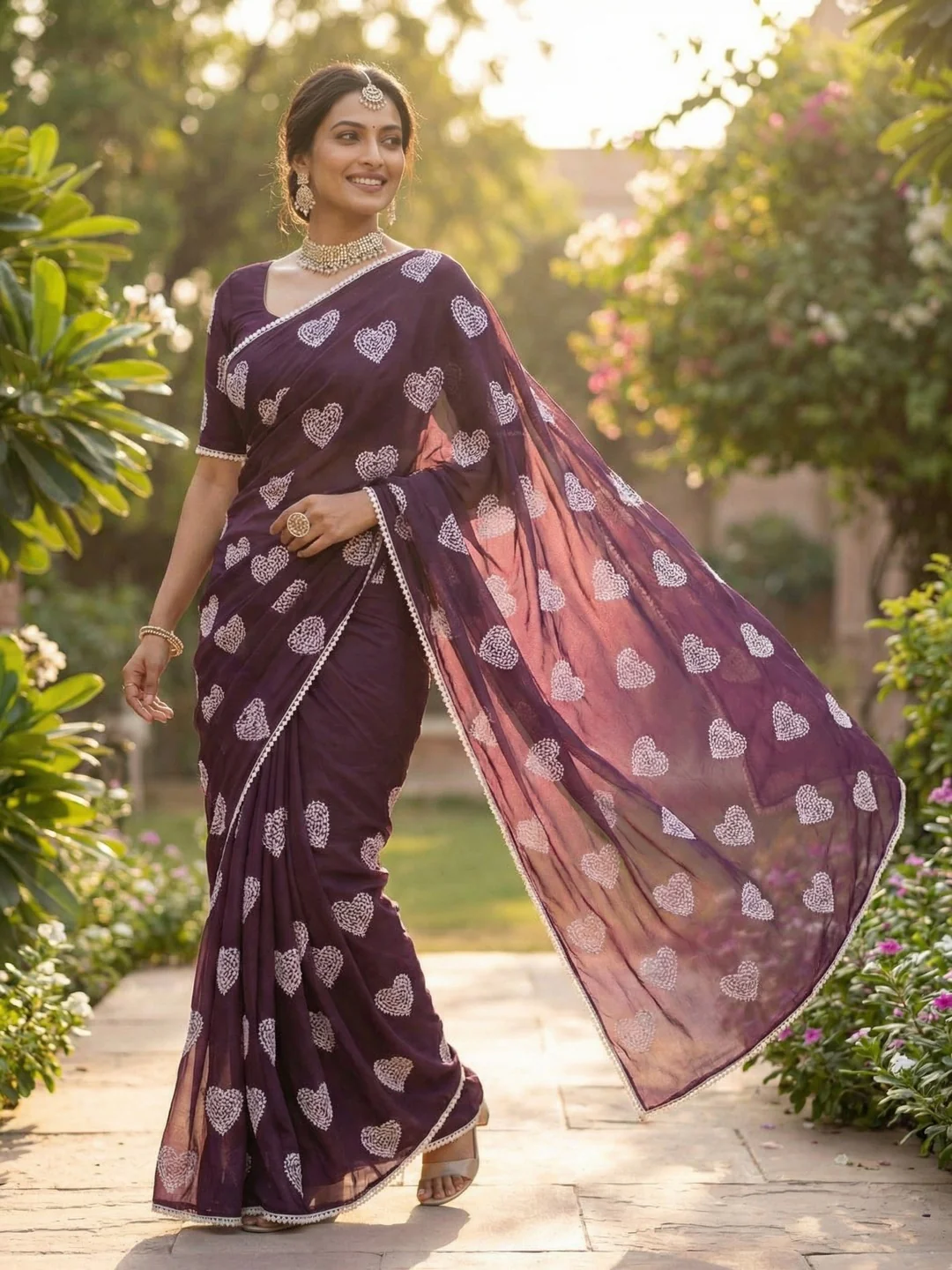 Elegant Purple Chiffon Saree with Heart design emboirdery work