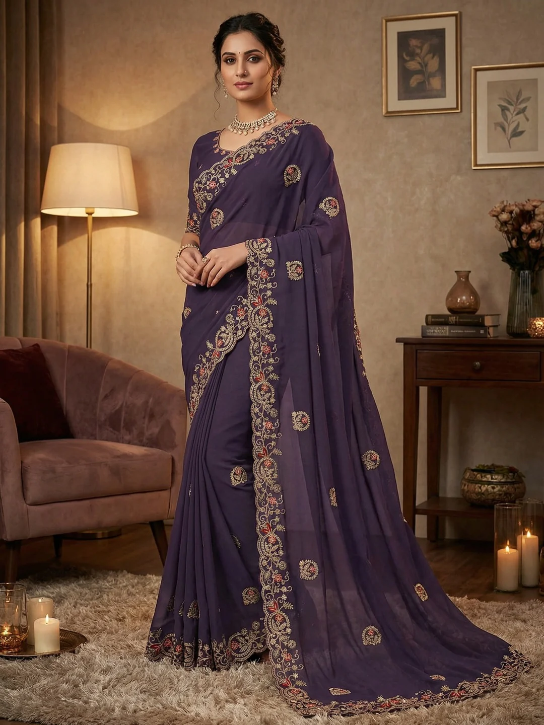 Elegant Purple Floral Cording Embroidered Georgette Saree Highlighted With Shimmering Sequins