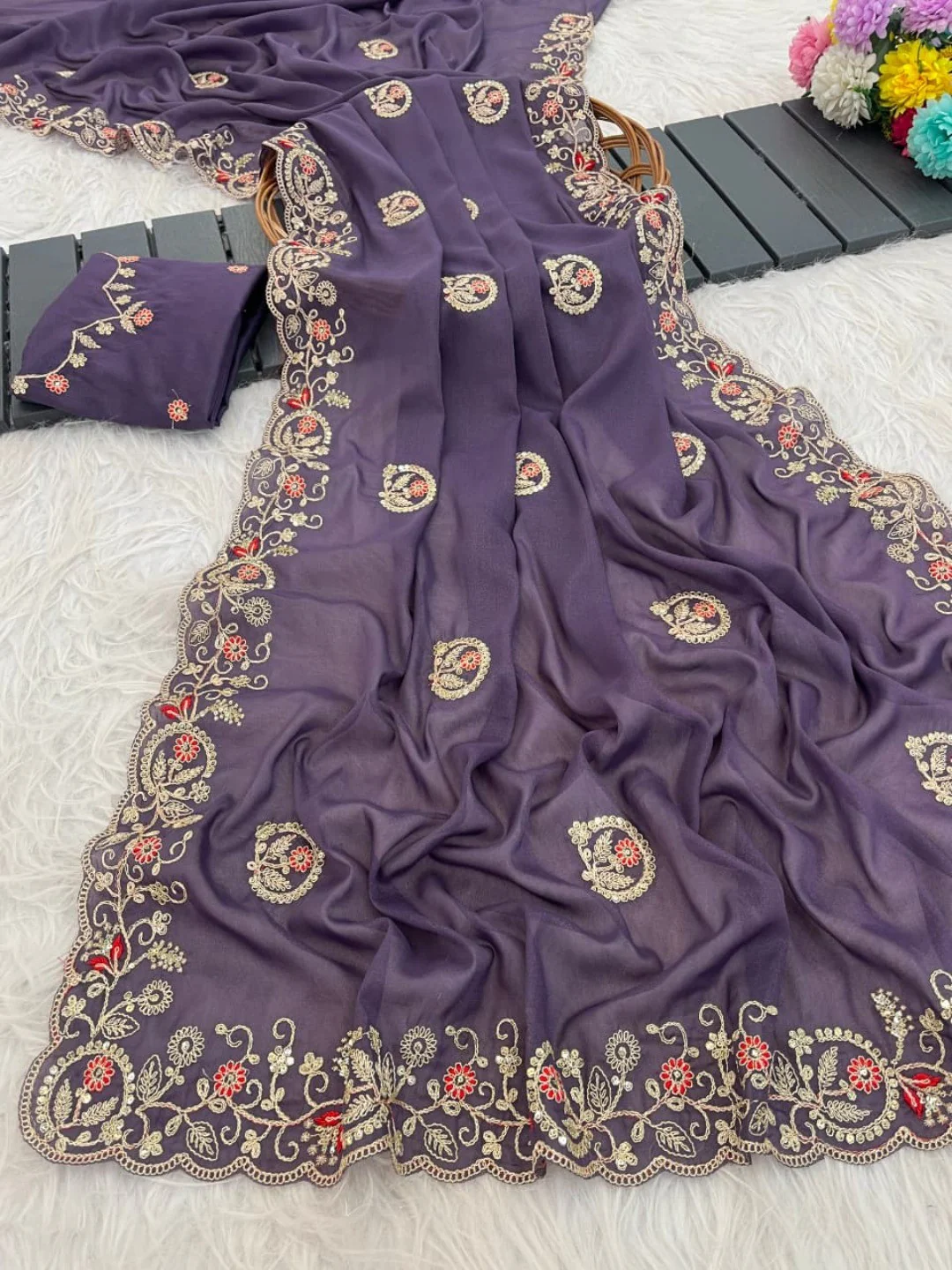 Elegant Purple Floral Cording Embroidered Georgette Saree Highlighted With Shimmering Sequins - Image 10