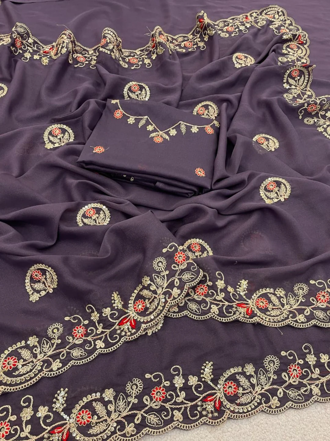 Elegant Purple Floral Cording Embroidered Georgette Saree Highlighted With Shimmering Sequins - Image 4