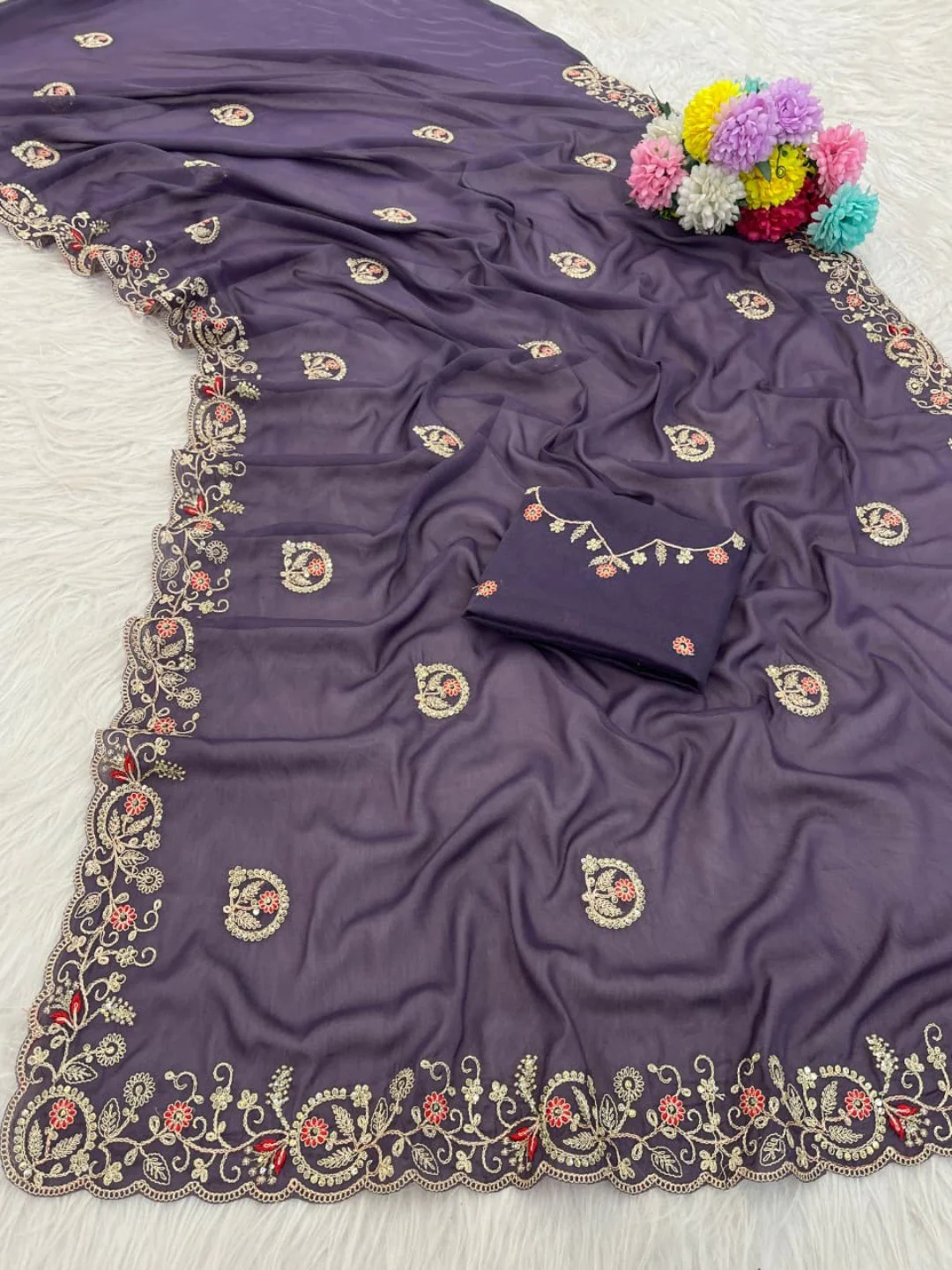 Elegant Purple Floral Cording Embroidered Georgette Saree Highlighted With Shimmering Sequins - Image 6