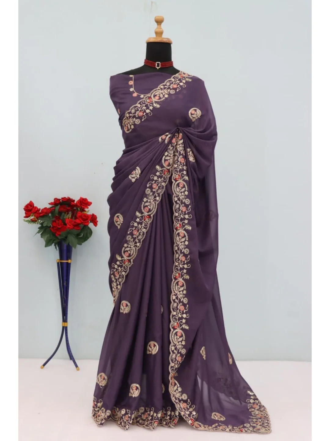 Elegant Purple Floral Cording Embroidered Georgette Saree Highlighted With Shimmering Sequins - Image 9