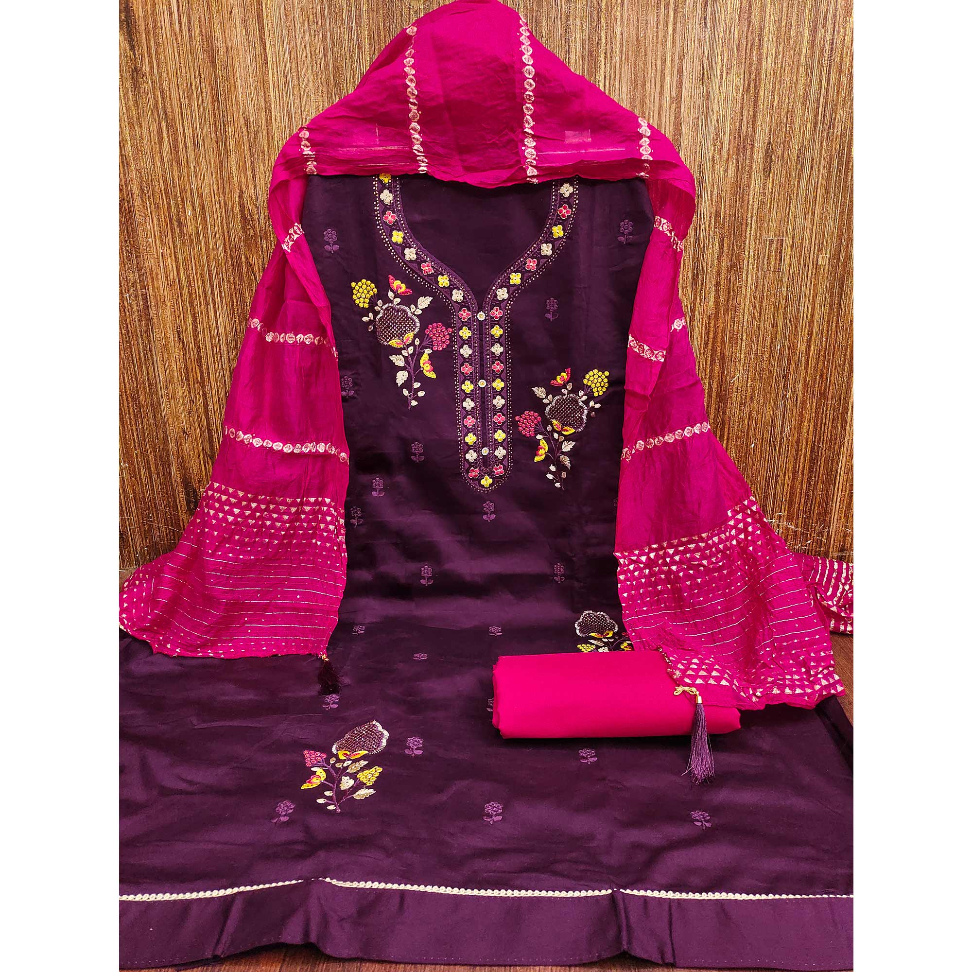 Elegant Purple Floral Embroidered Cotton Dress Fabric for Custom Stitching - Image 3