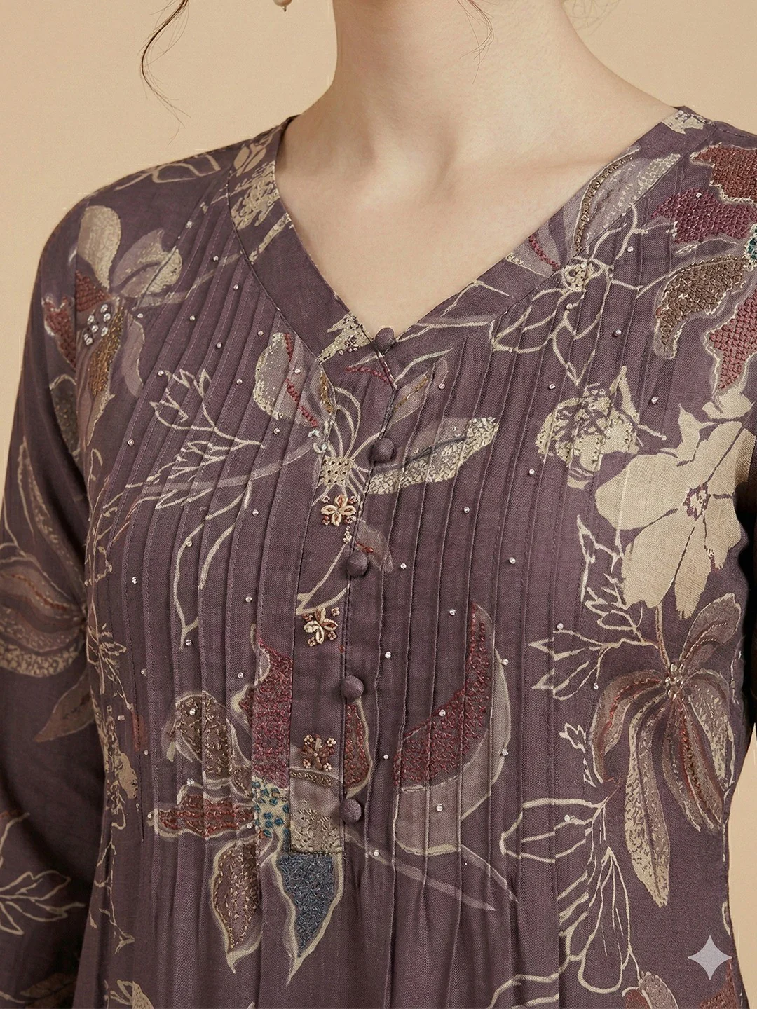 Elegant Purple Floral Printed with Yoke Embroidered Viscose A-Line Kurti - Image 5