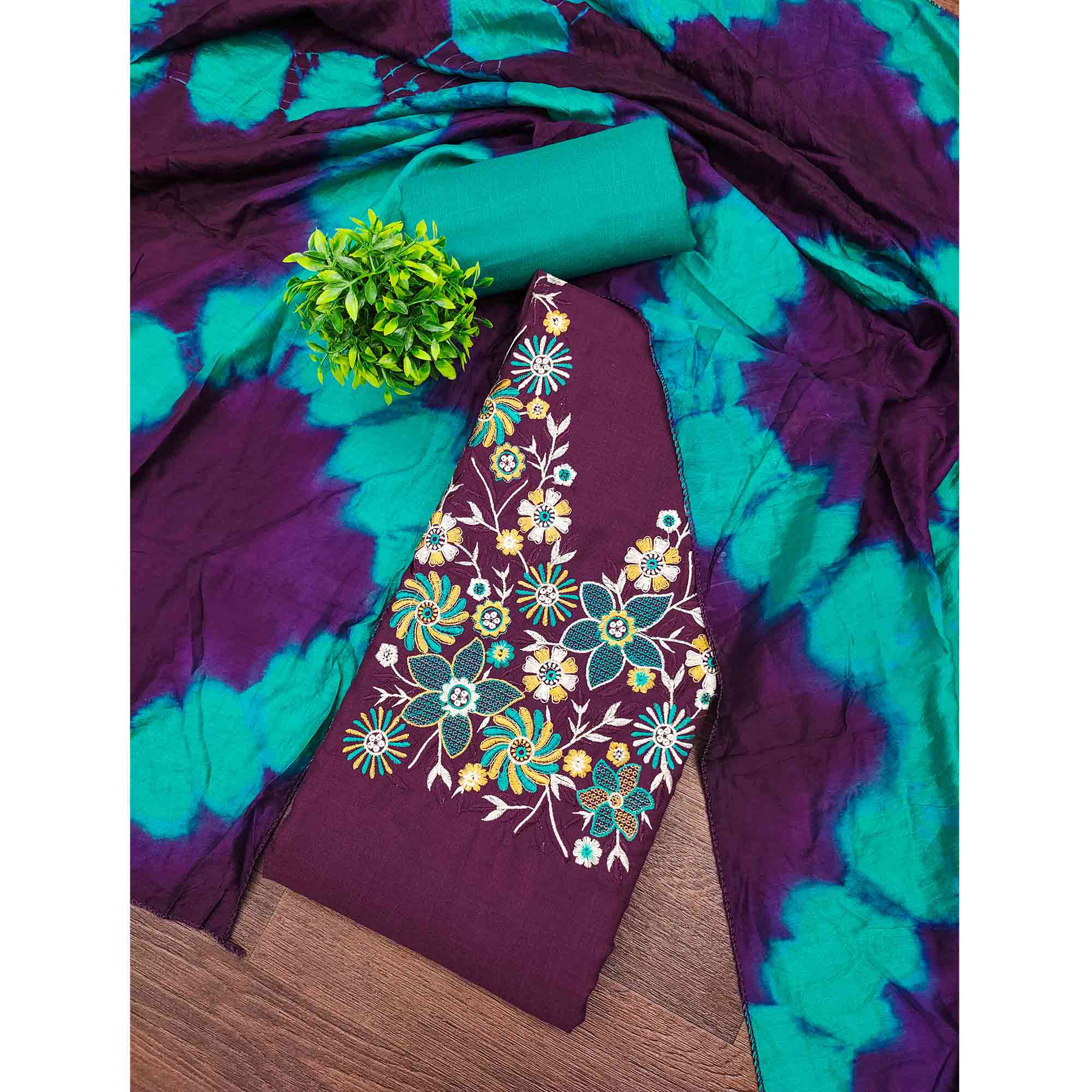 Elegant Purple Floral Thread Embroidered Cotton Blend Dress Material With Gota Patti Work - Image 3