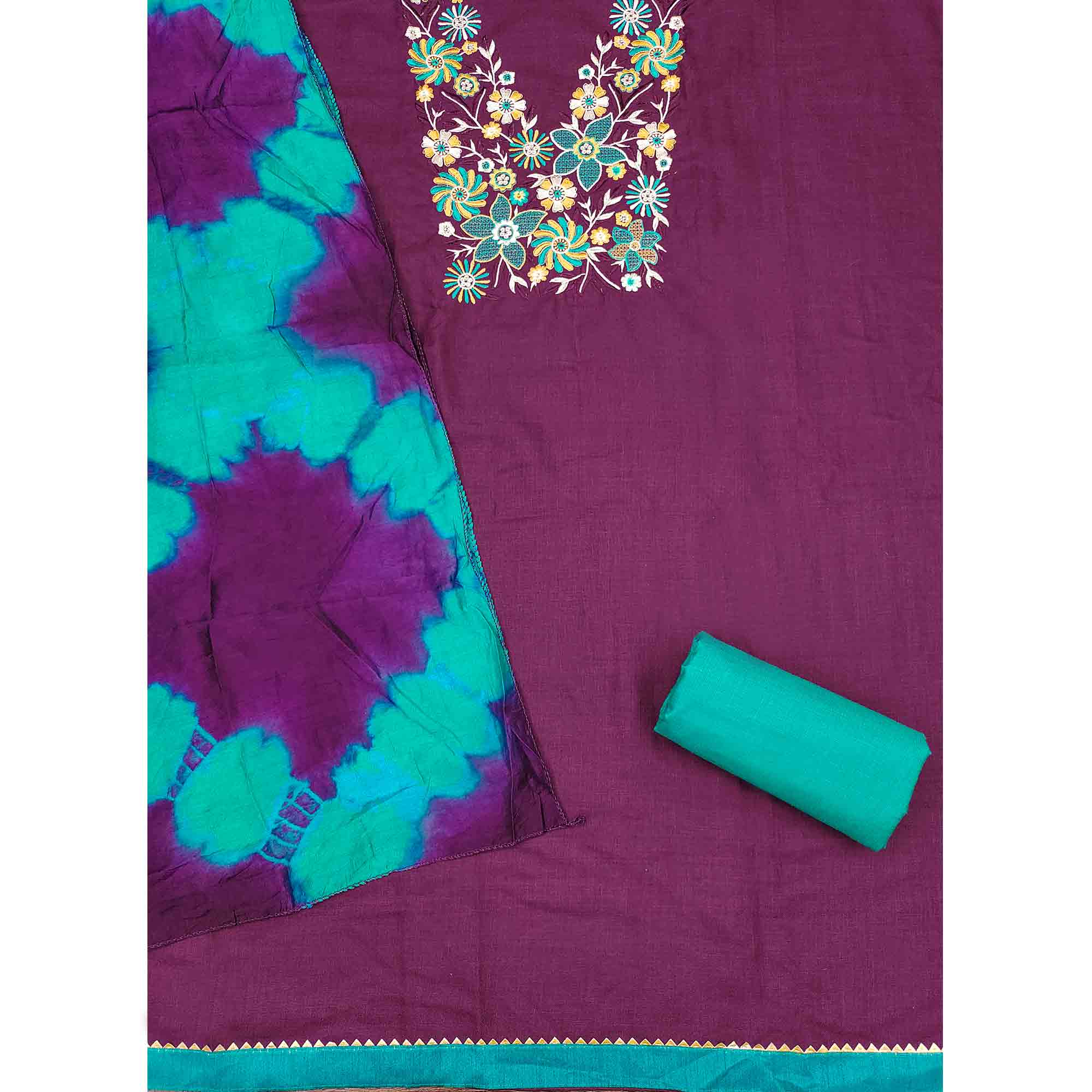 Elegant Purple Floral Thread Embroidered Cotton Blend Dress Material With Gota Patti Work - Image 4