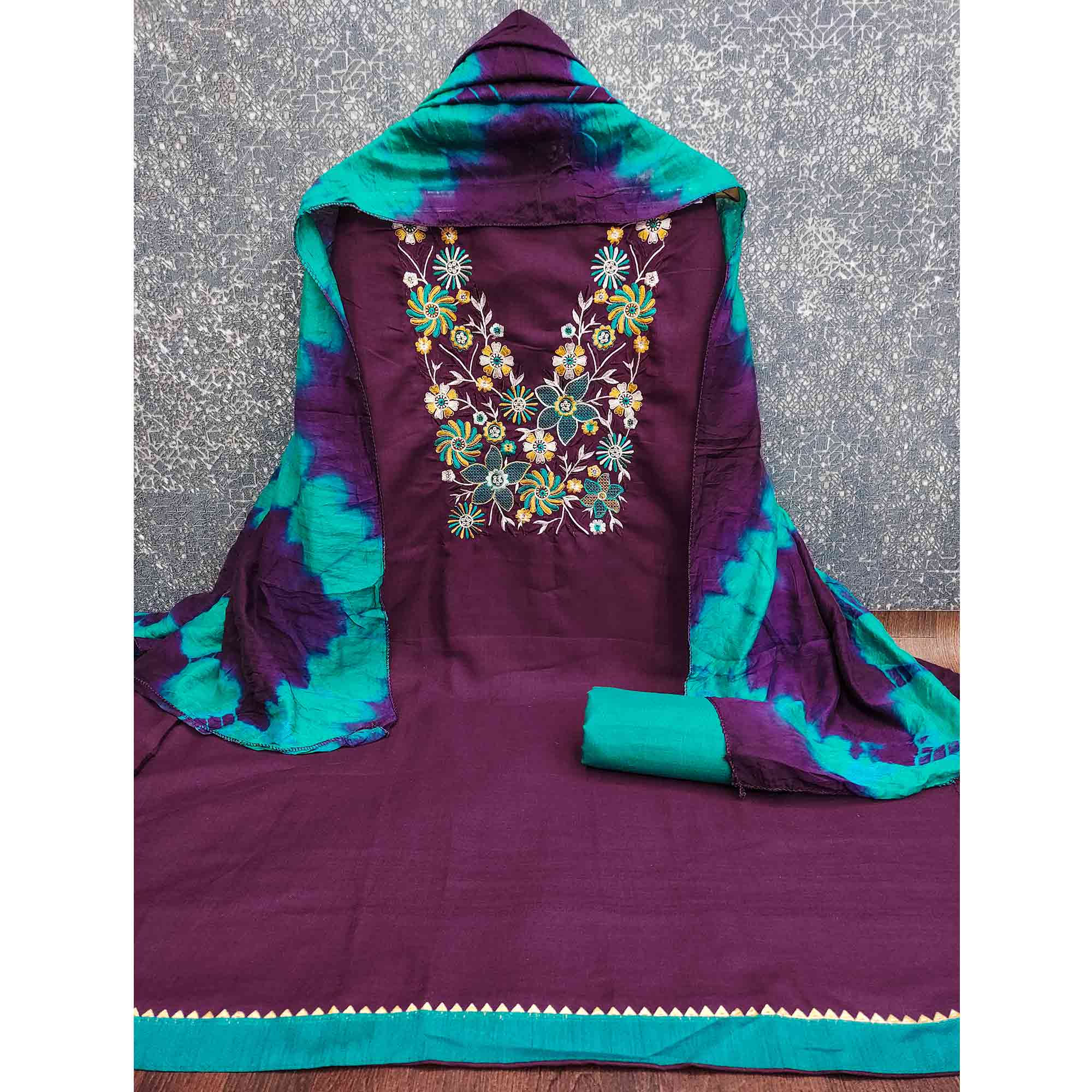 Elegant Purple Floral Thread Embroidered Cotton Blend Dress Material With Gota Patti Work - Image 5