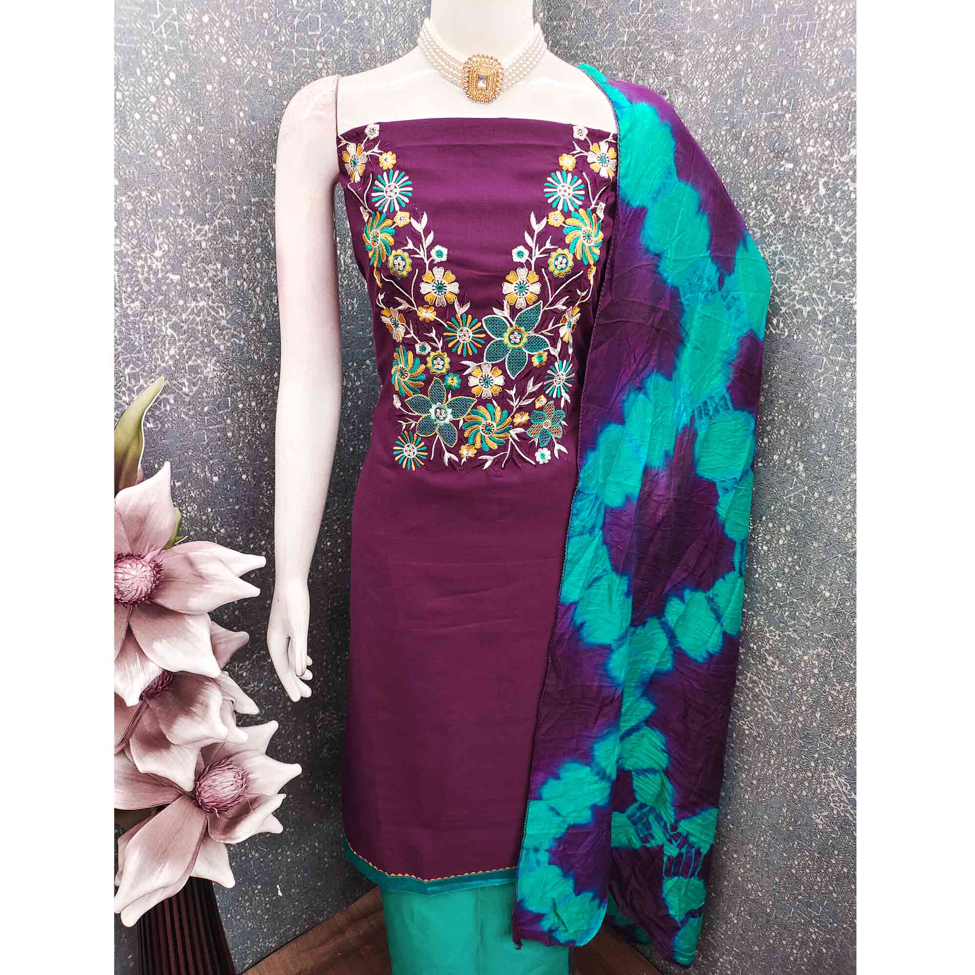 Elegant Purple Floral Thread Embroidered Cotton Blend Dress Material With Gota Patti Work - Image 7