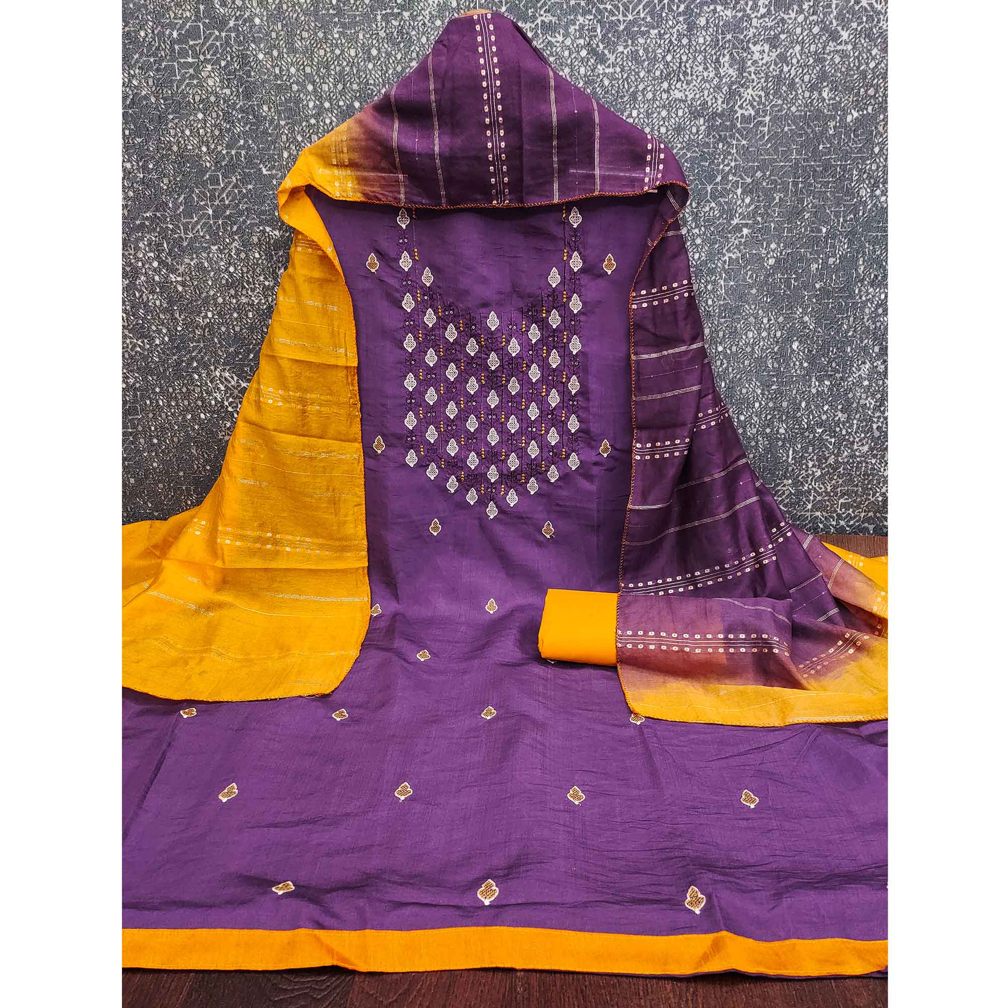 Elegant Purple Floral Thread & Sequins Embroidered Silk Blend Dress Material - Image 4