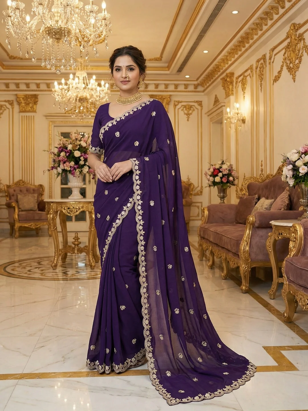 Elegant Purple Georgette Saree Embellished With Floral Zari Embroidery & Intricate Moti Work
