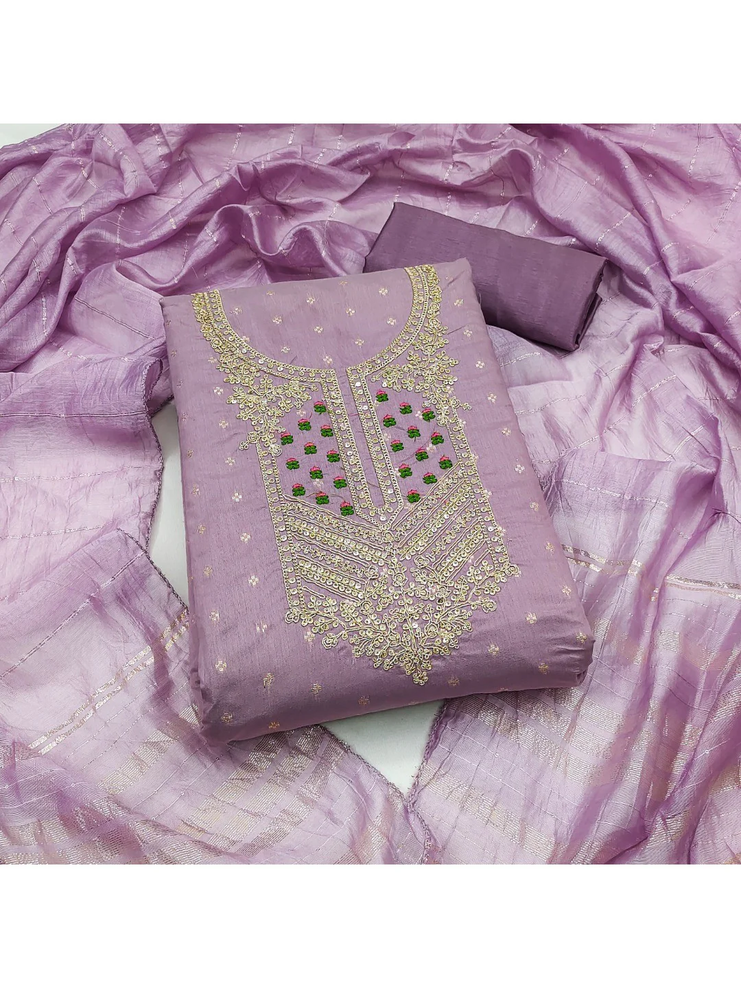 Elegant Purple Jacquard Dress Material with Embroidered Neckline - Image 4