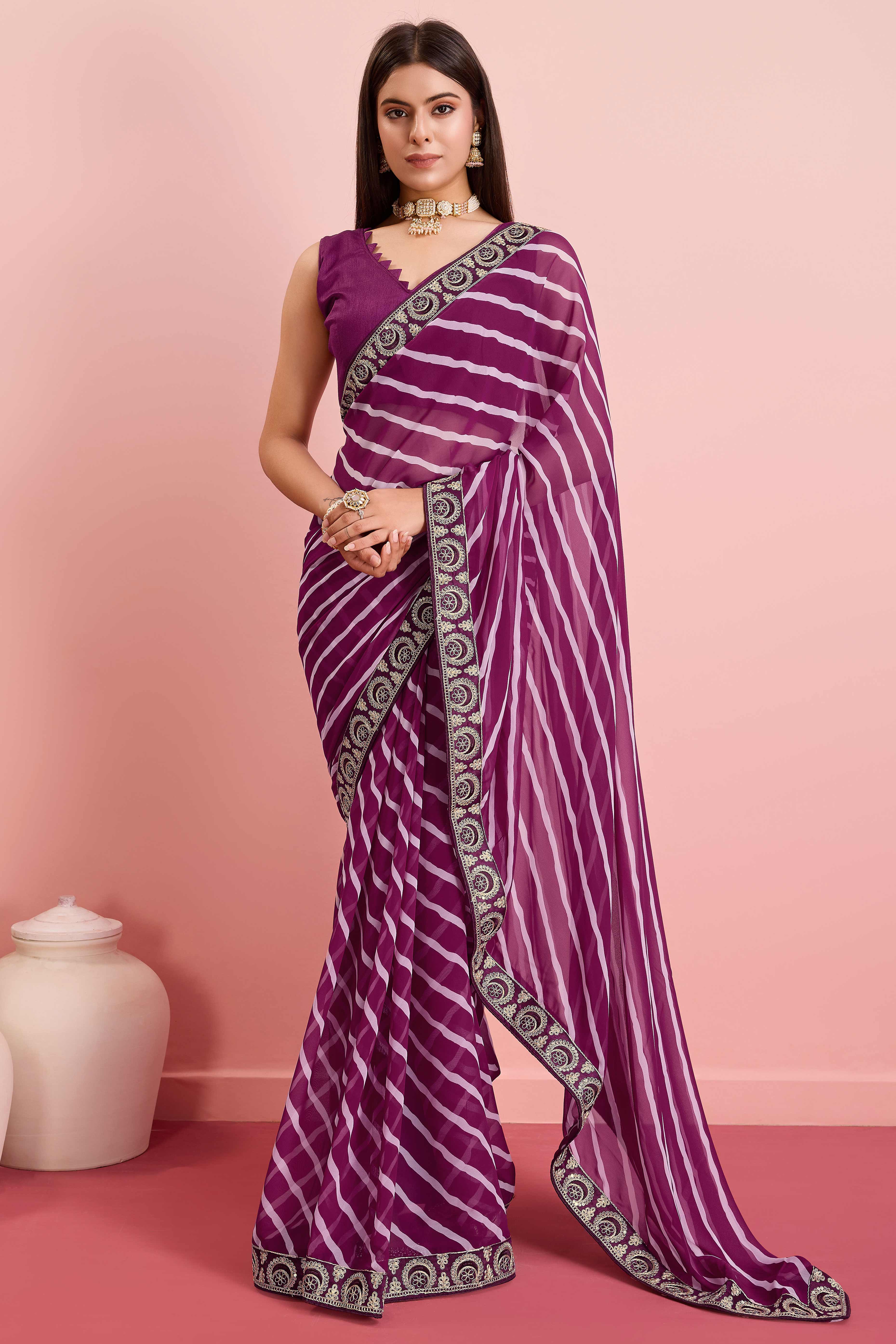 Elegant Purple Leheriya Printed Saree in Flowing Georgette - Image 3