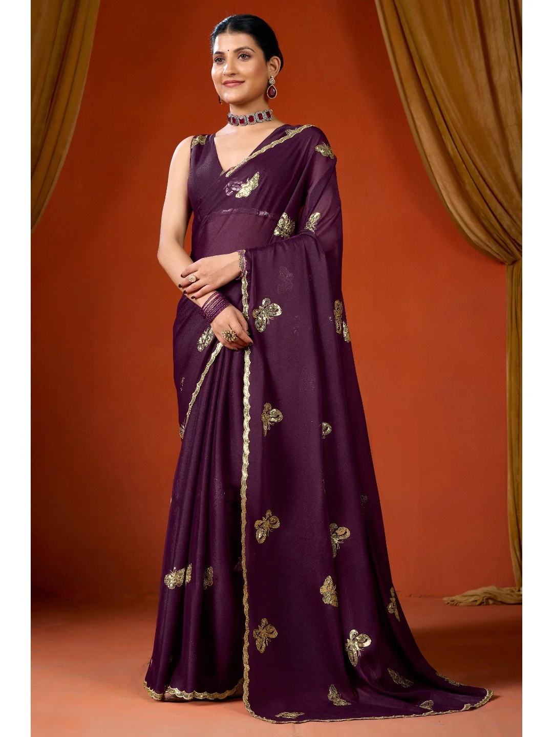 Elegant Purple Organza Chiffon Silk Saree with Delicate Embellishment - Image 6