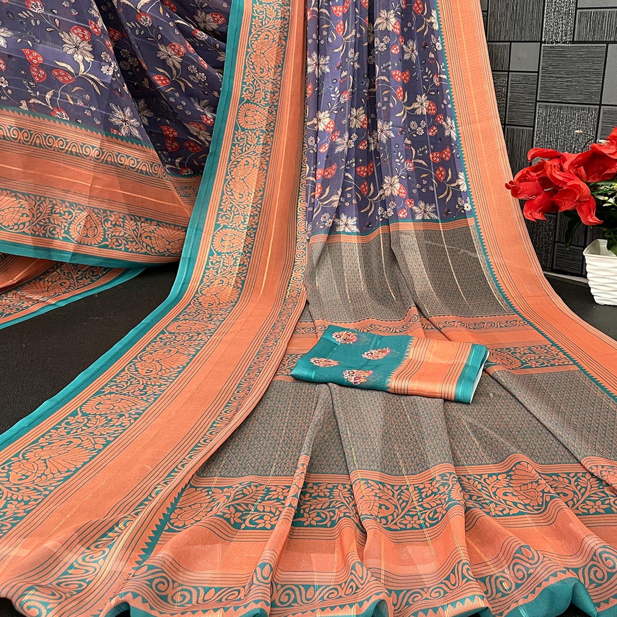 Elegant Purple & Rama Floral Digital Printed Georgette Saree Adorned With Subtle Zari Stripes - Image 2